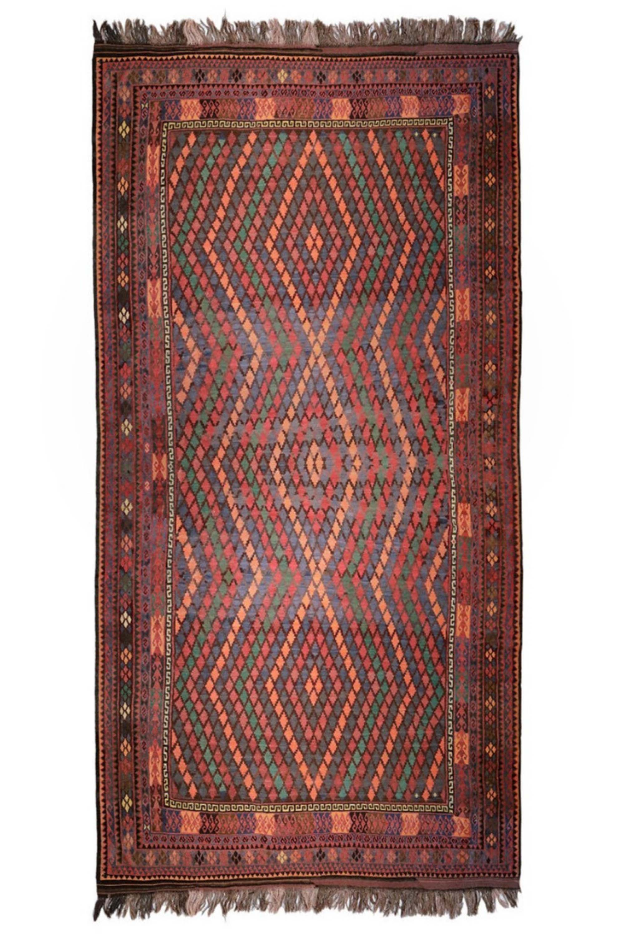 authentic oriental kelim flatweave large rug with traditional geometric design in red multicolour