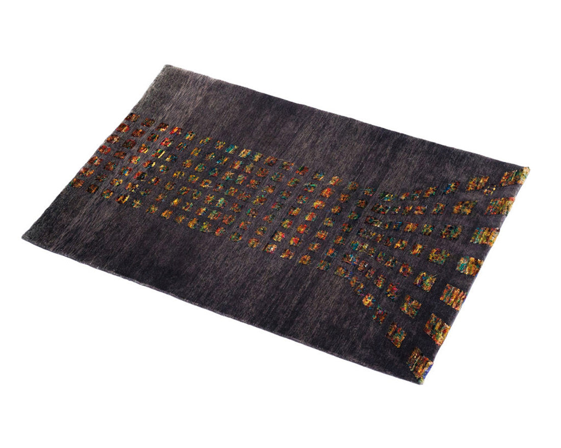 authentic silk grey oriental rug with multicoloured squares