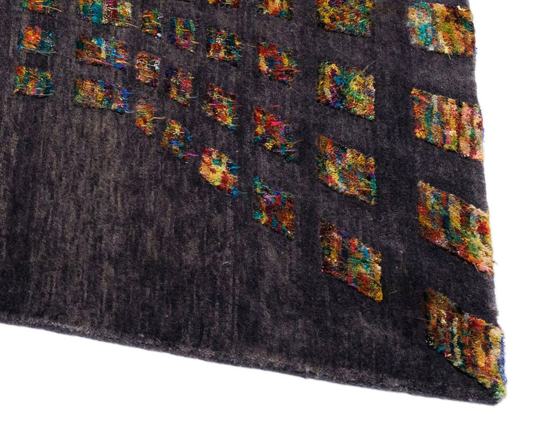 authentic silk grey oriental rug with multicoloured squares