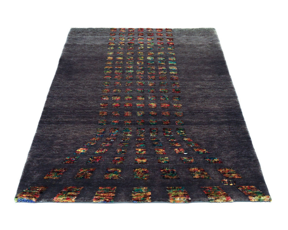 authentic silk grey oriental rug with multicoloured squares