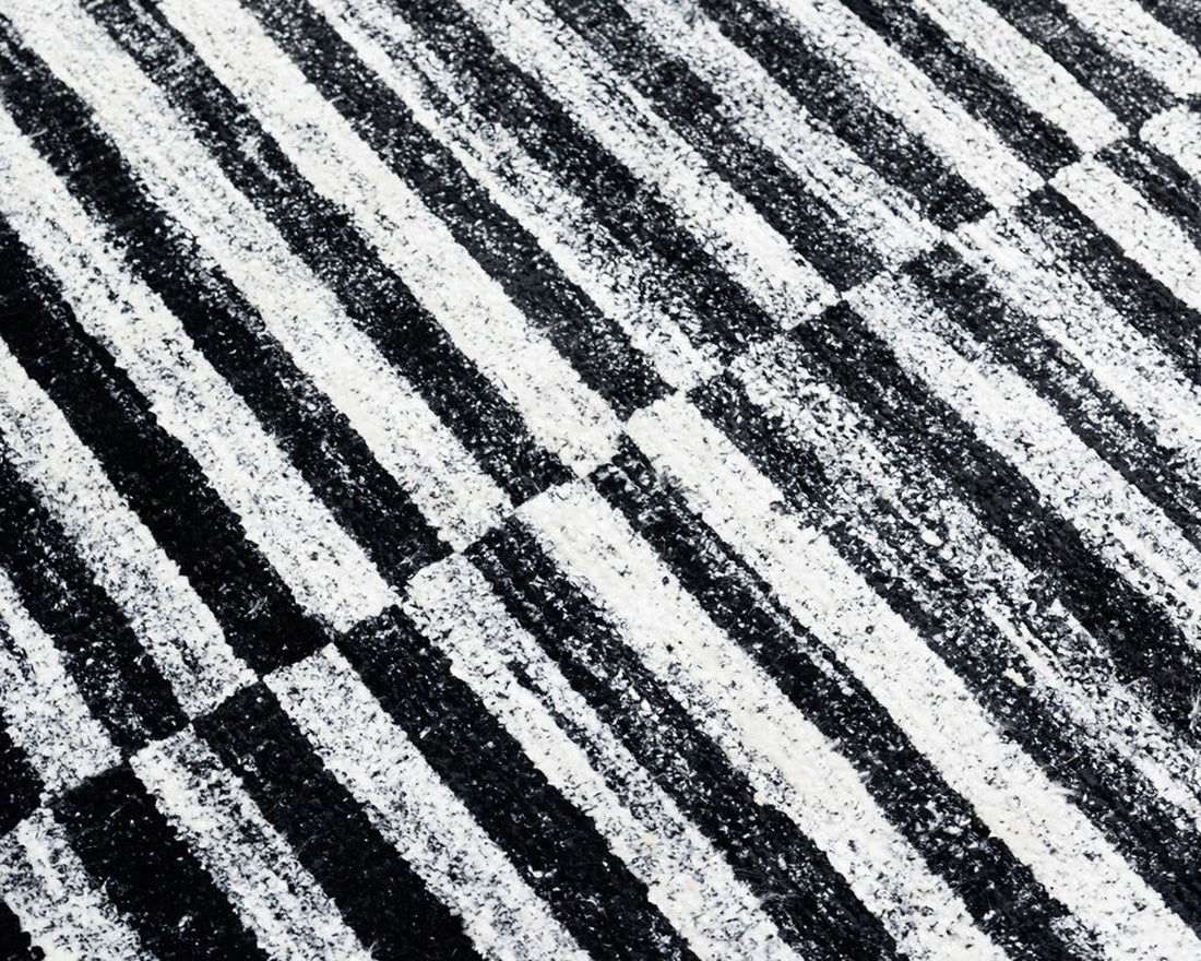 oriental sari silk rug in geometric black and white pattern