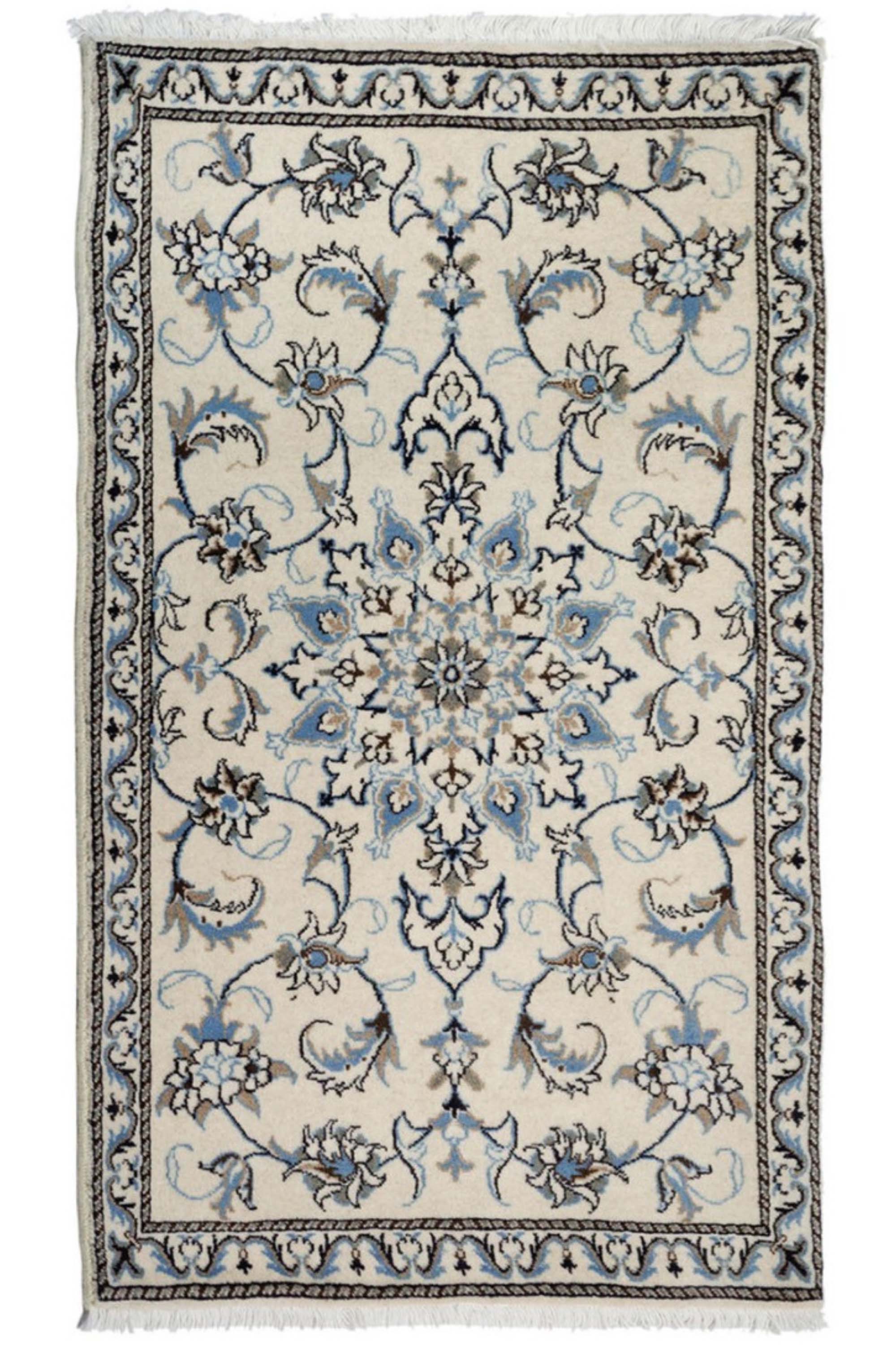 authentic persian rug with a traditional floral design in blue, ivory and cream