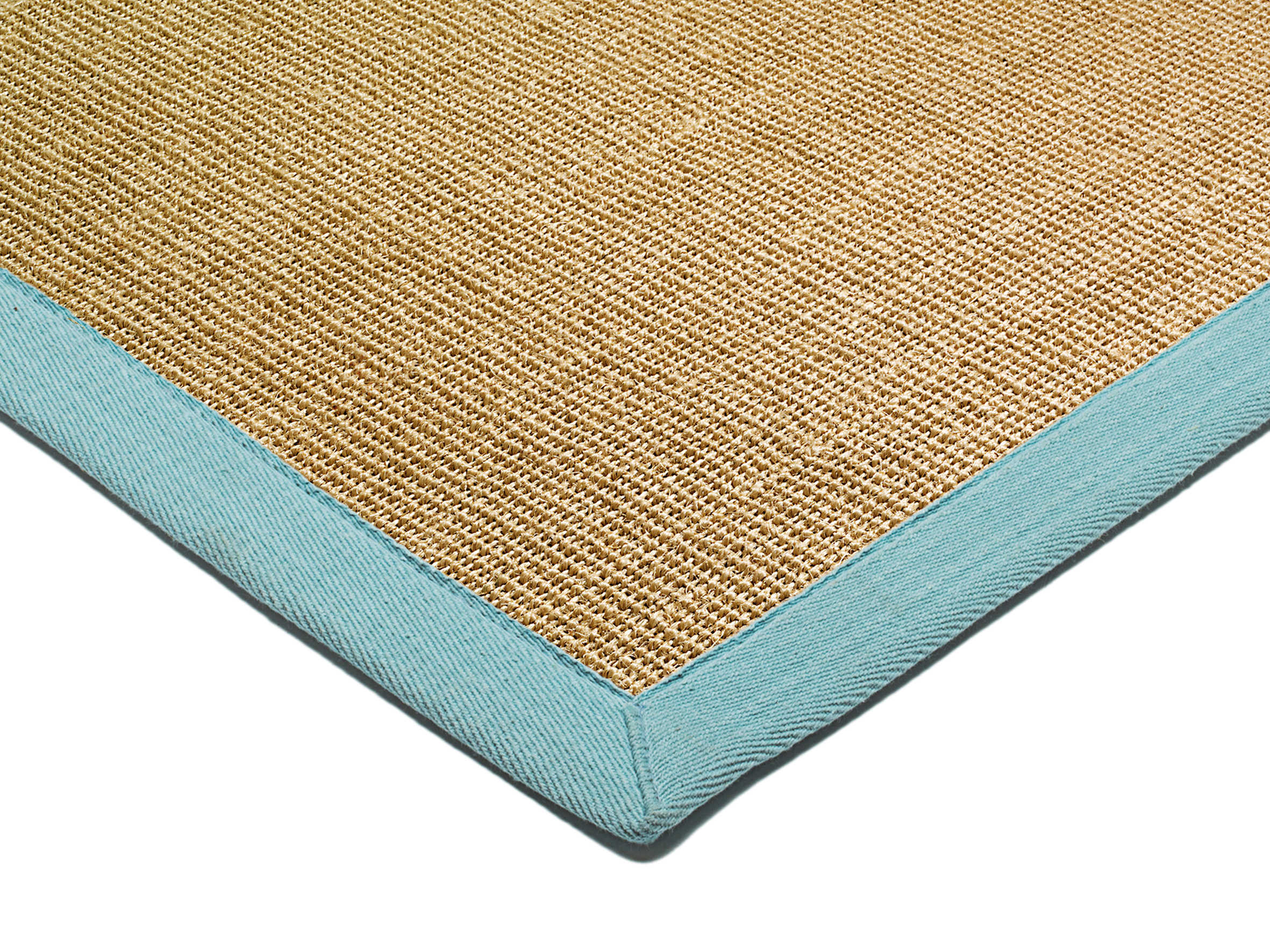 beige sisal rug with a blue border
