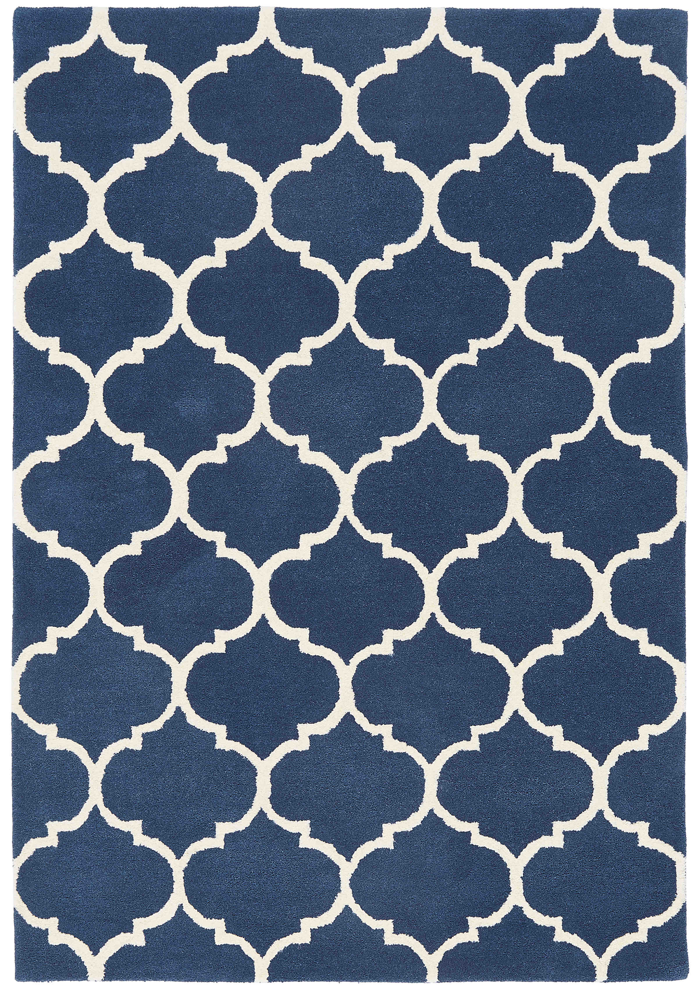 blue geometric rug with an ogee pattern