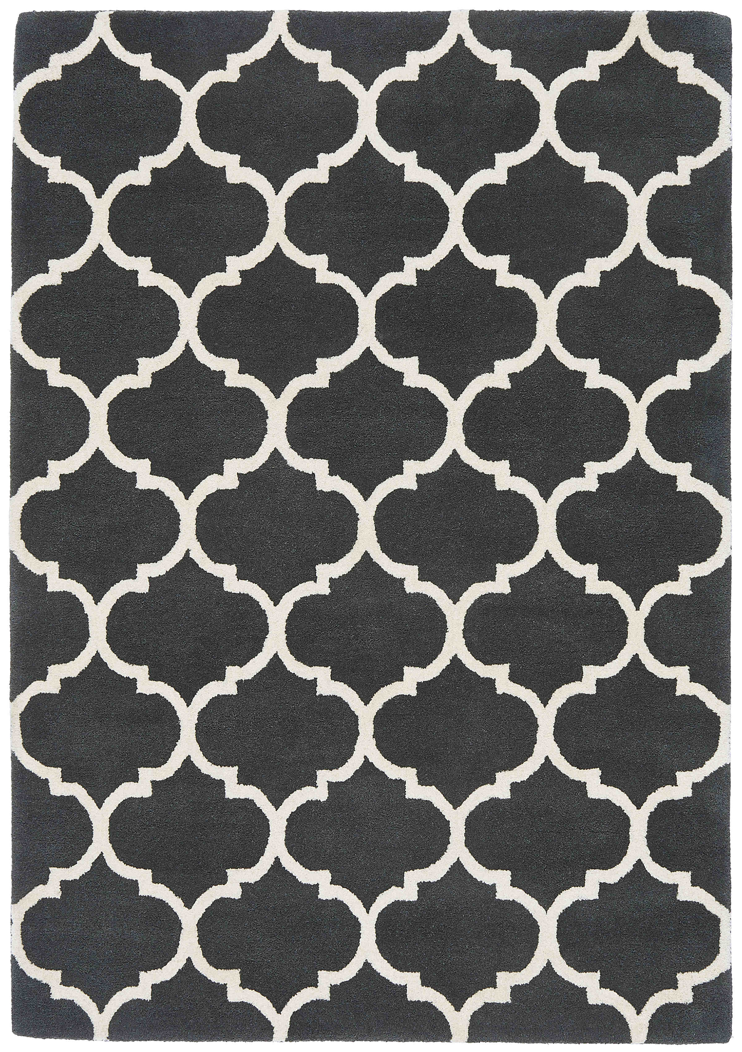 charcoal grey geometric rug with an ogee pattern