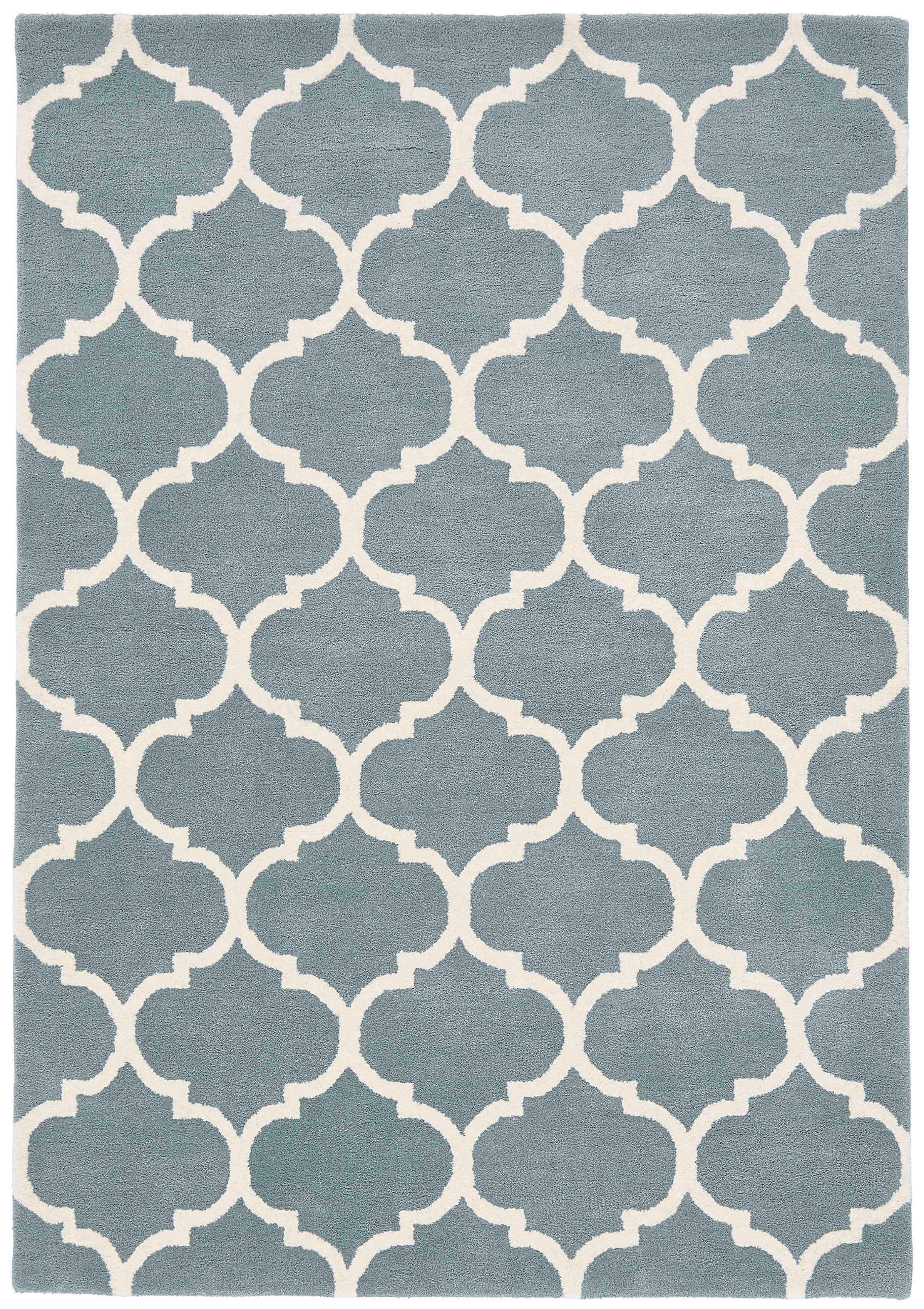 duck egg blue geometric rug with an ogee pattern