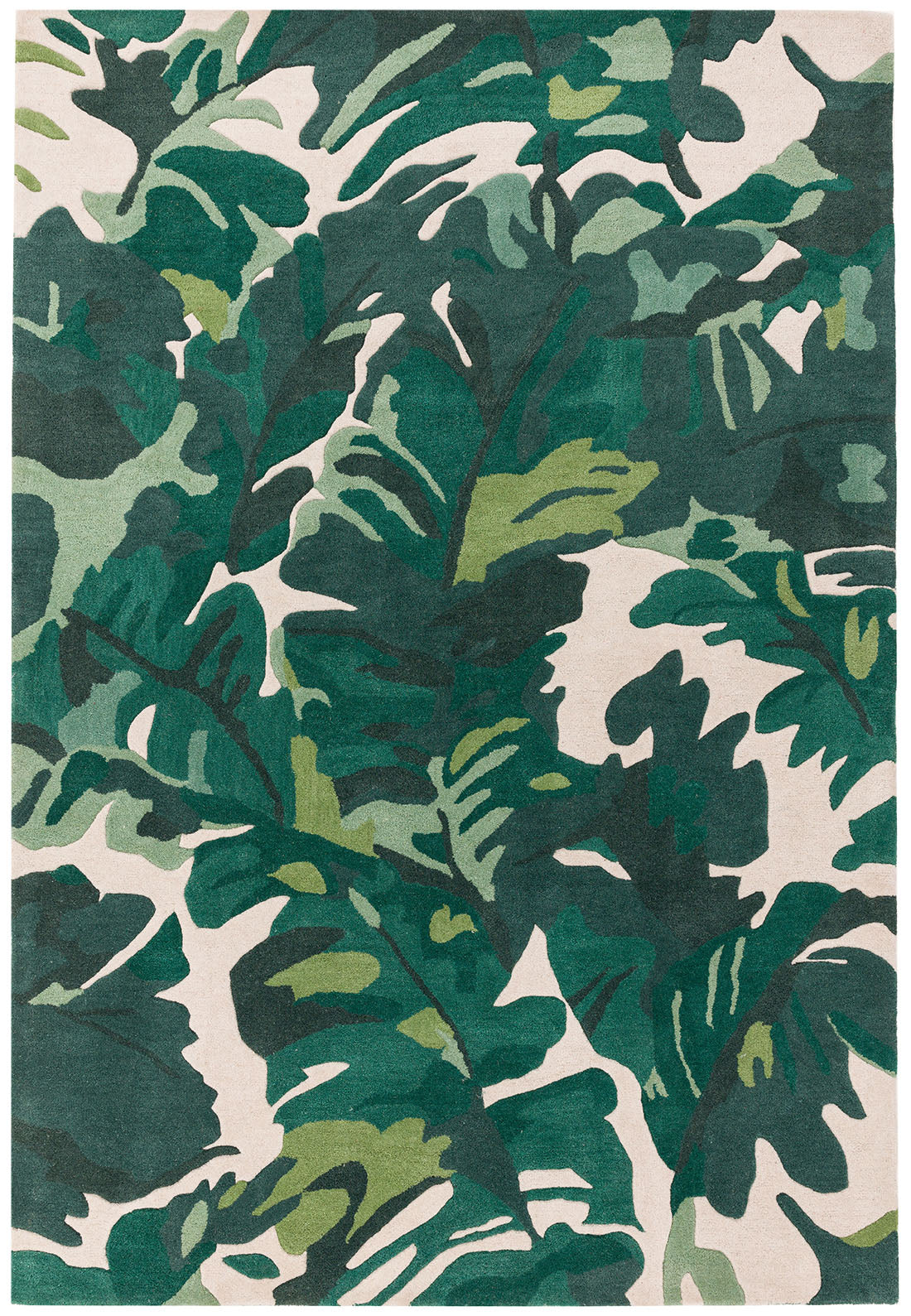 area rug with a green palm leaf design
