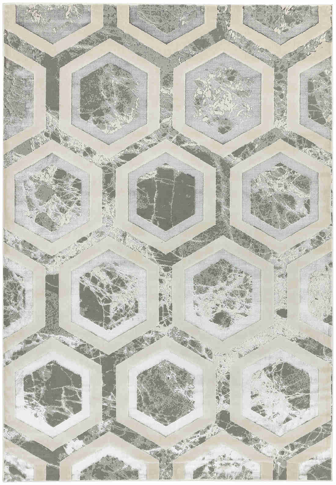 Grey and cream rug with marble design and geometric octagon pattern