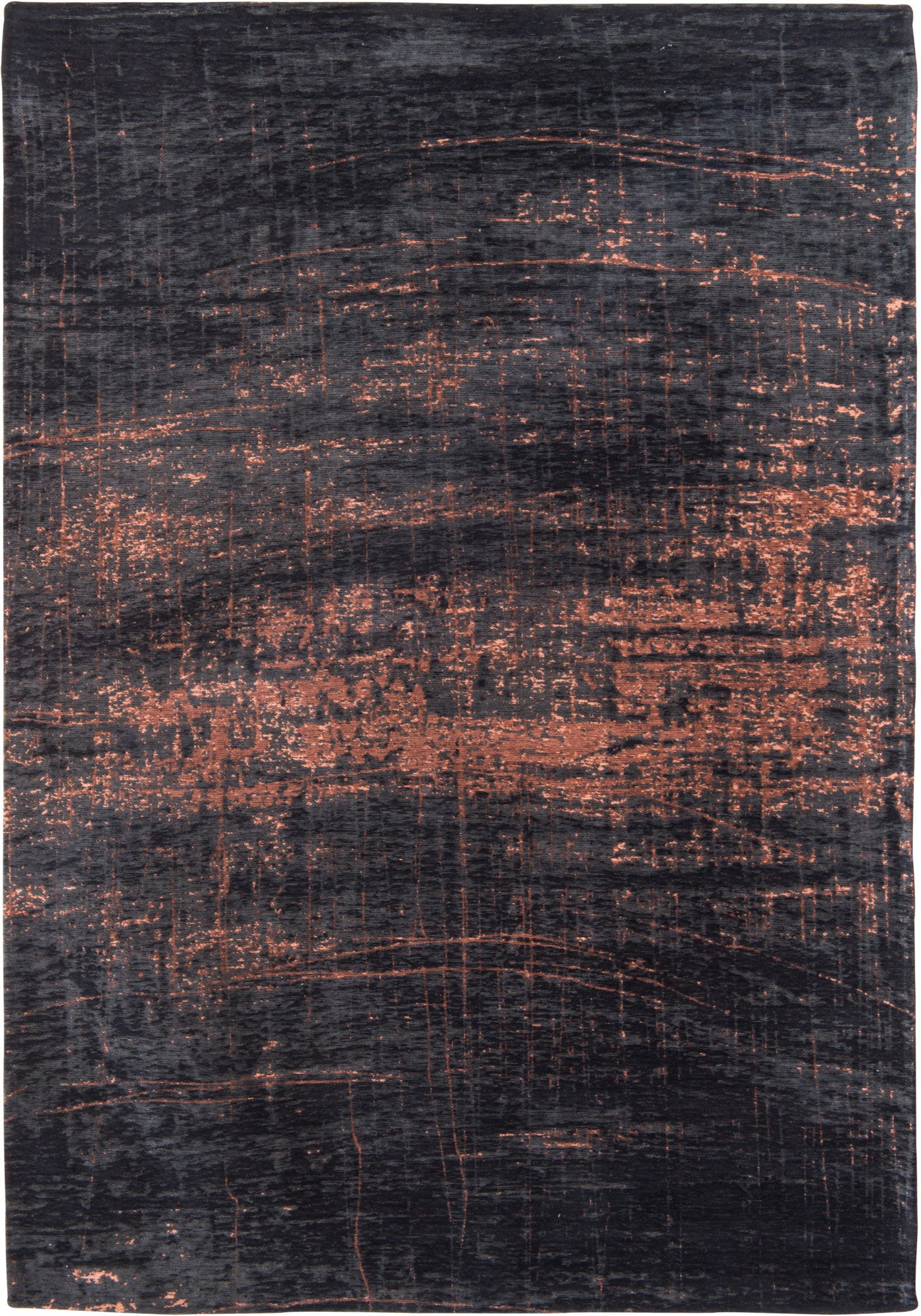 Black flatweave rug with copper brown abstract pattern