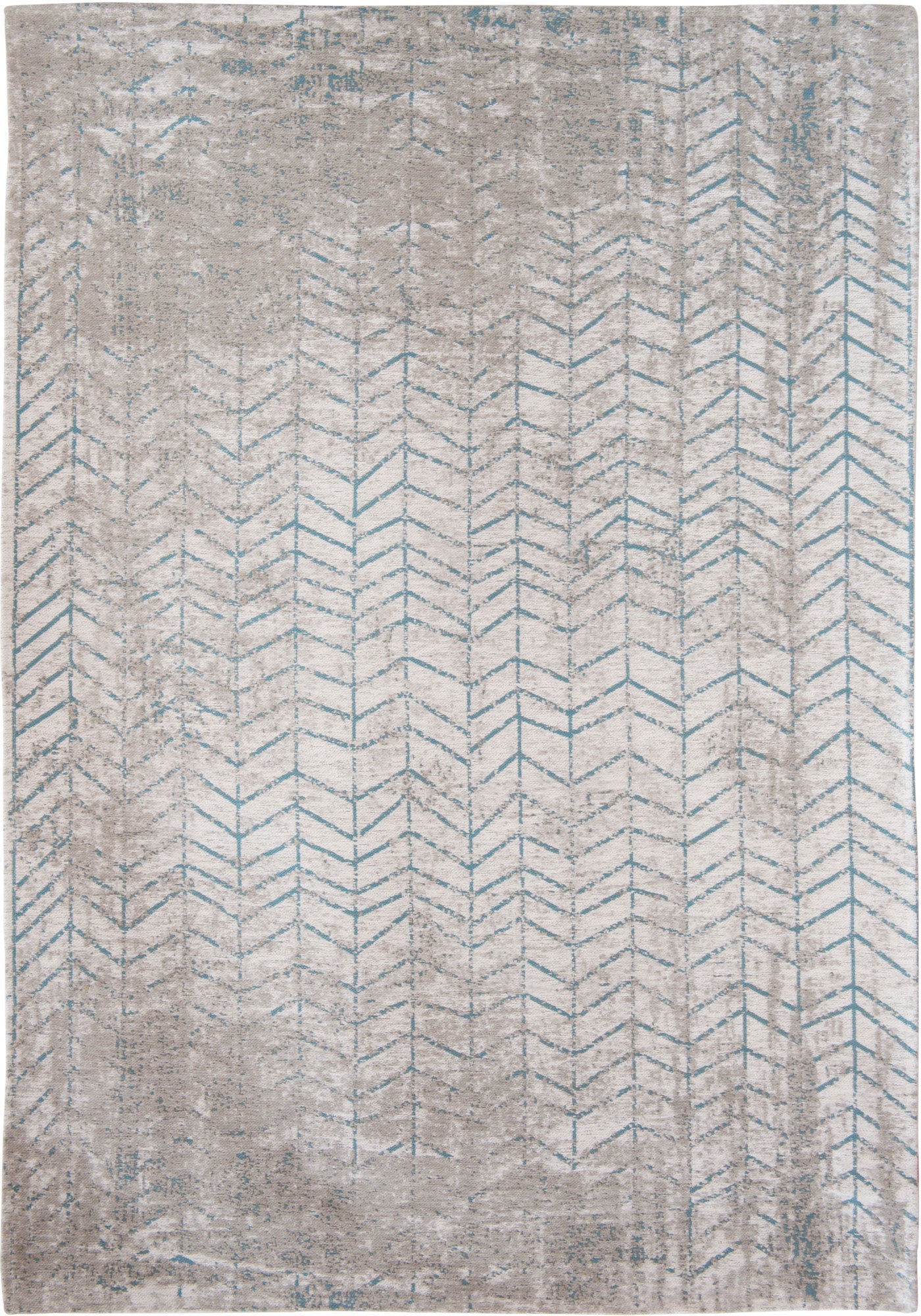 Ivory flatweave rug with faded blue chevron pattern