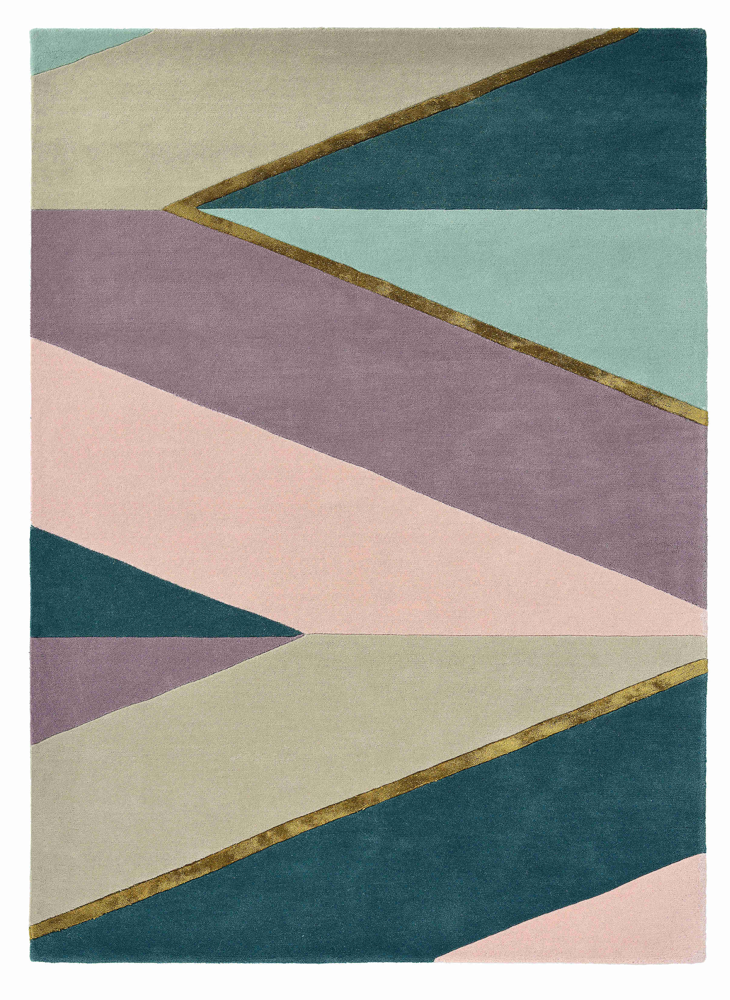 Rectangular rug with geometric stripe pattern in green, teal, grey and purple. Gold details.