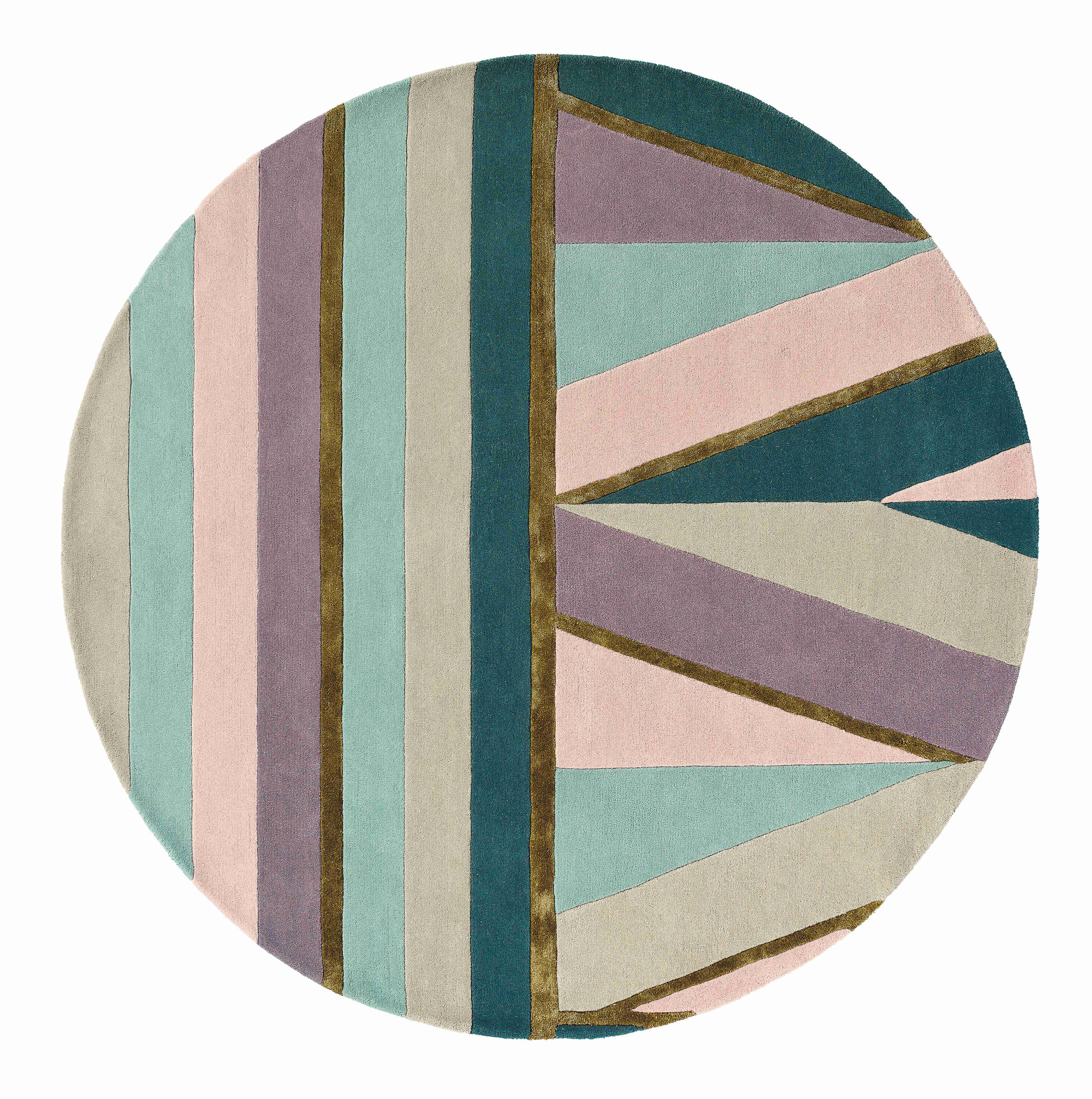 Round rug with geometric stripe pattern in green, teal, grey and purple. Gold details.