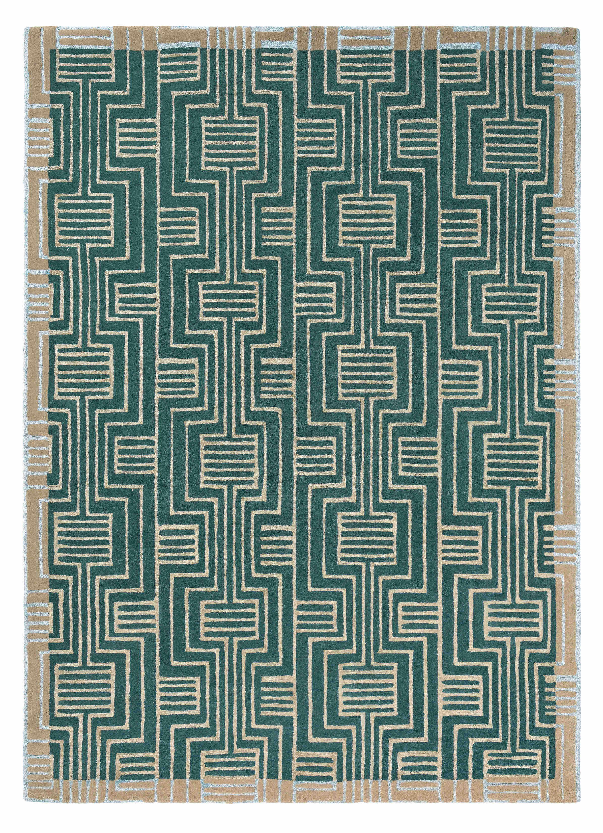 Rectangular green rug with beige border and grey art deco pattern