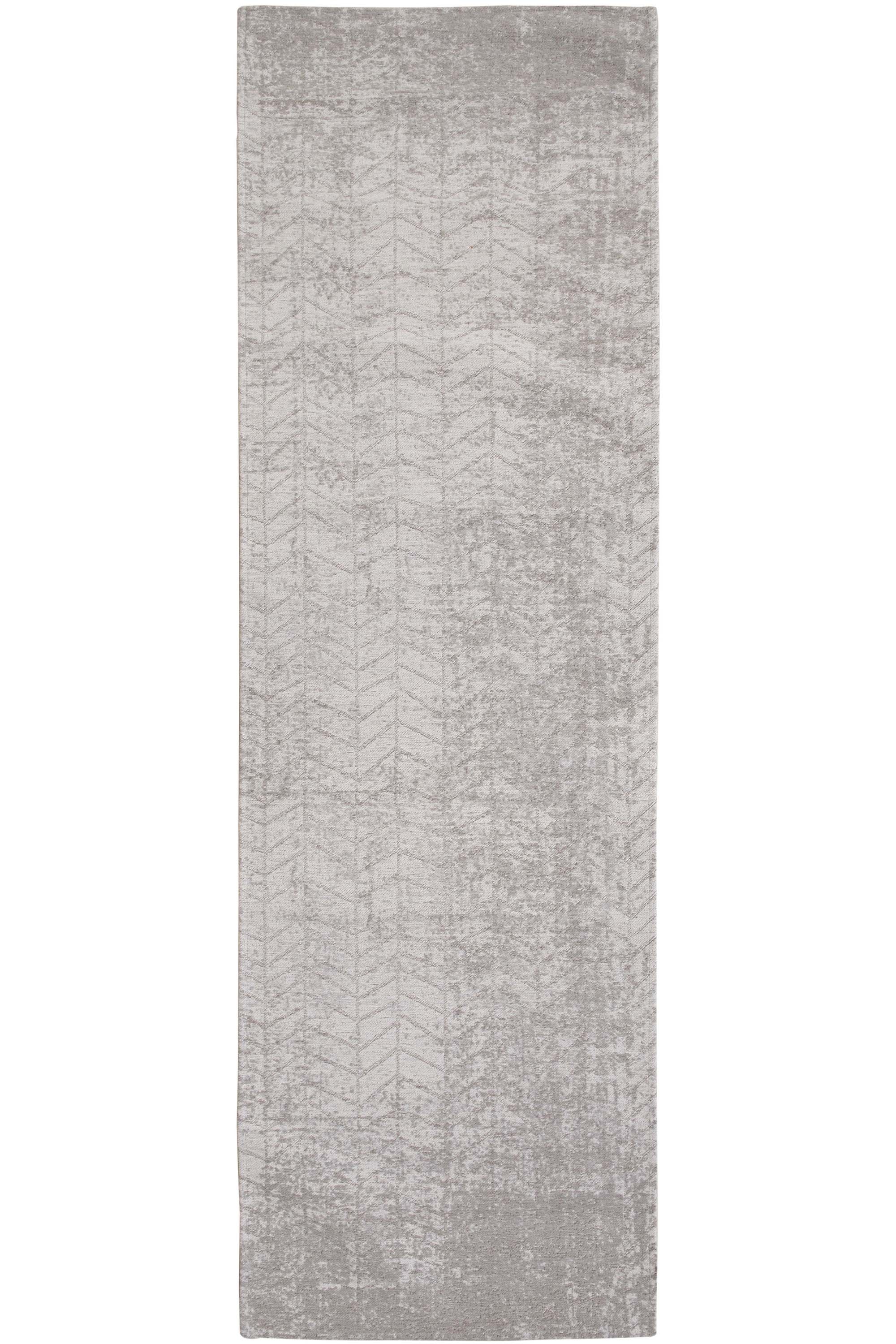 Ivory flatweave runner rug with faded grey chevron pattern