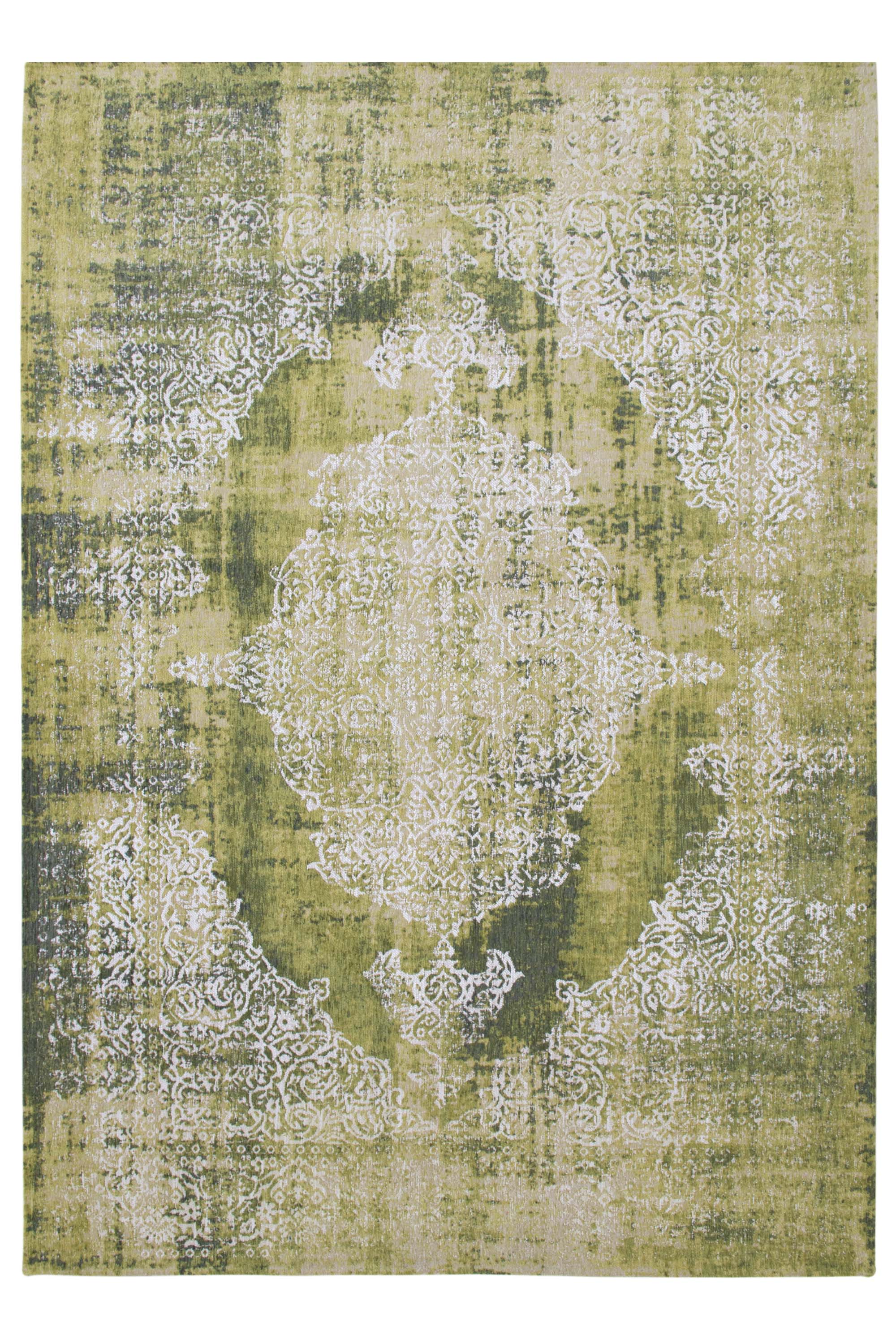 Green vintage Kirman-inspired rug with faded medallion pattern