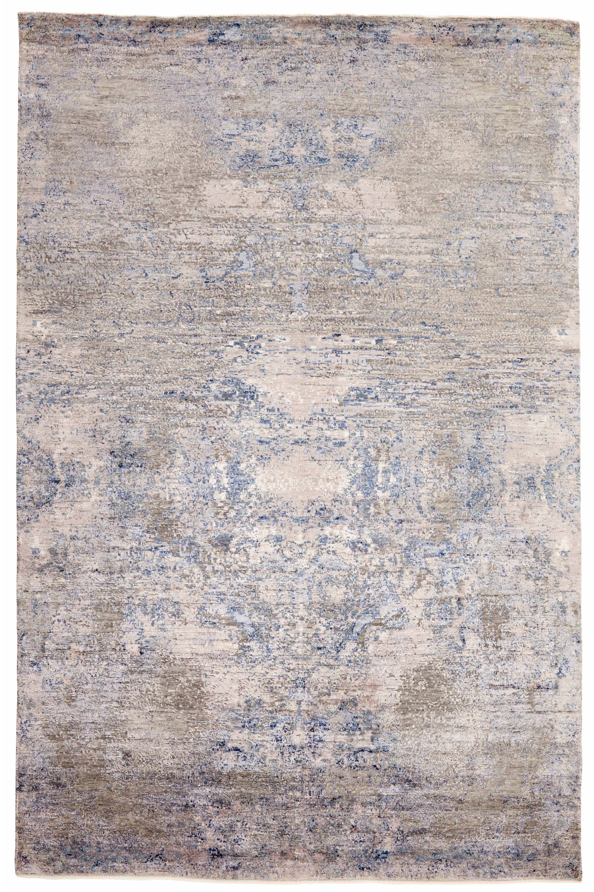 Modern luxury abstract rug in shades of silver and blue