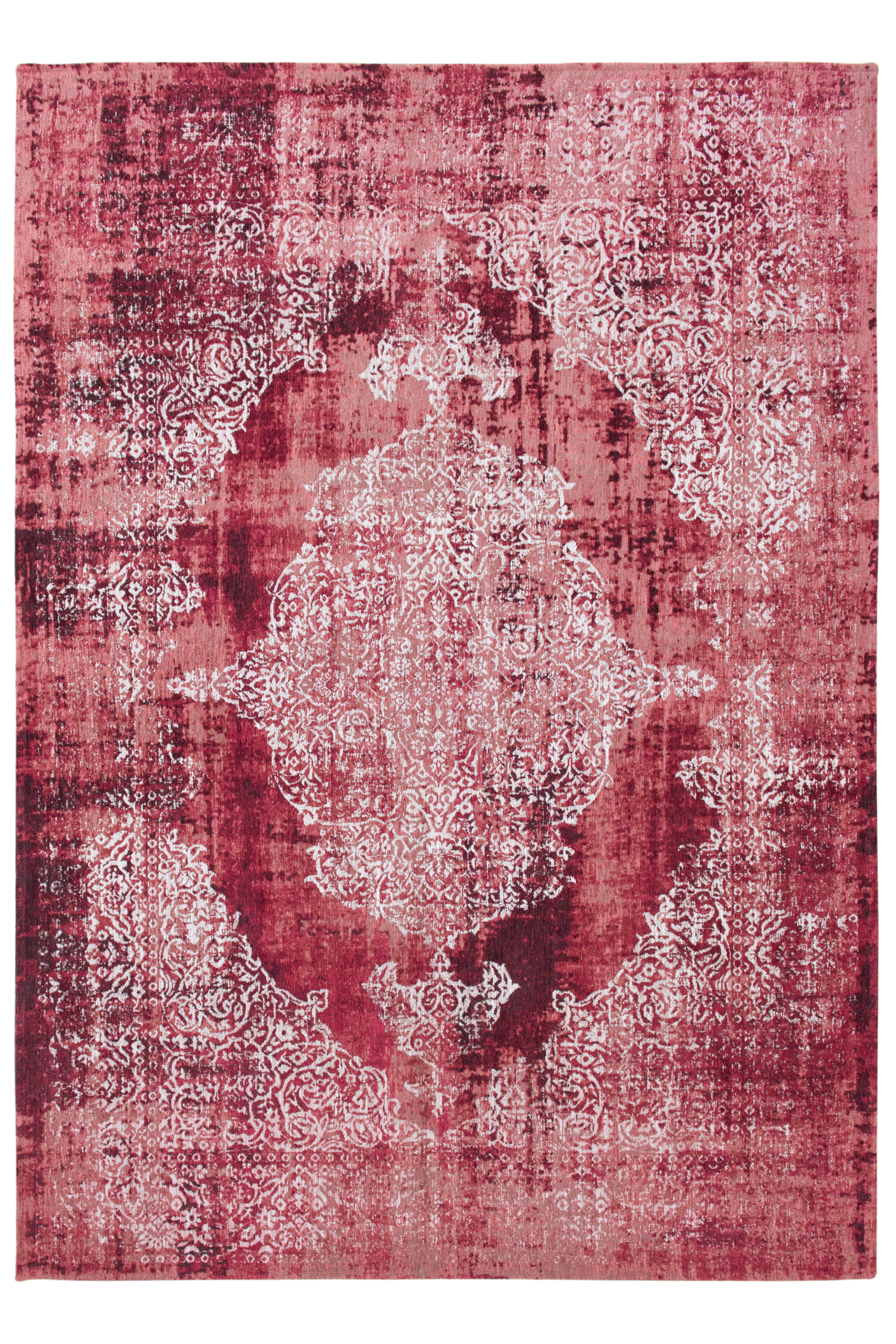 Red vintage Kirman-inspired rug with faded medallion pattern