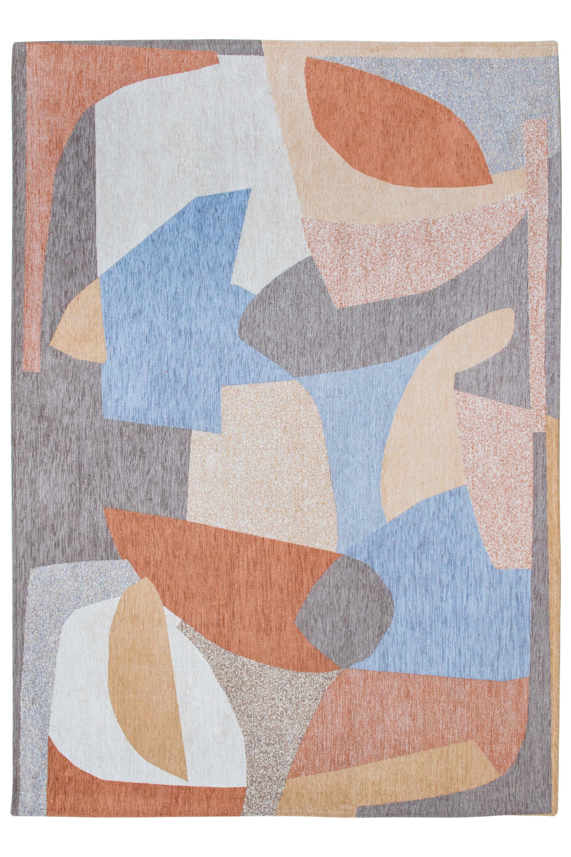 Modern rug with red, blue, white, and grey abstract pattern