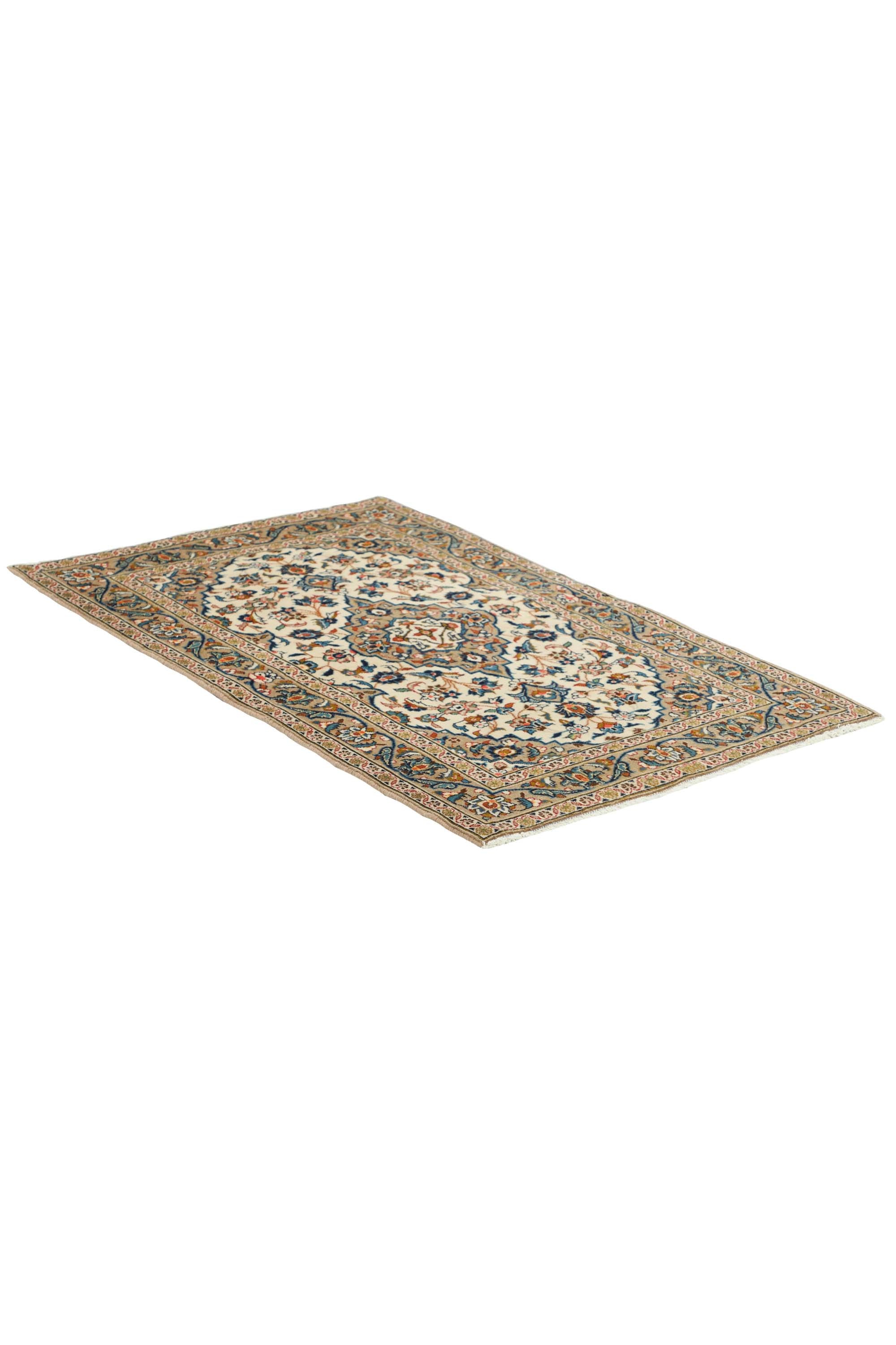 Bordered brown, cream, blue and red Keshan Persian Rug