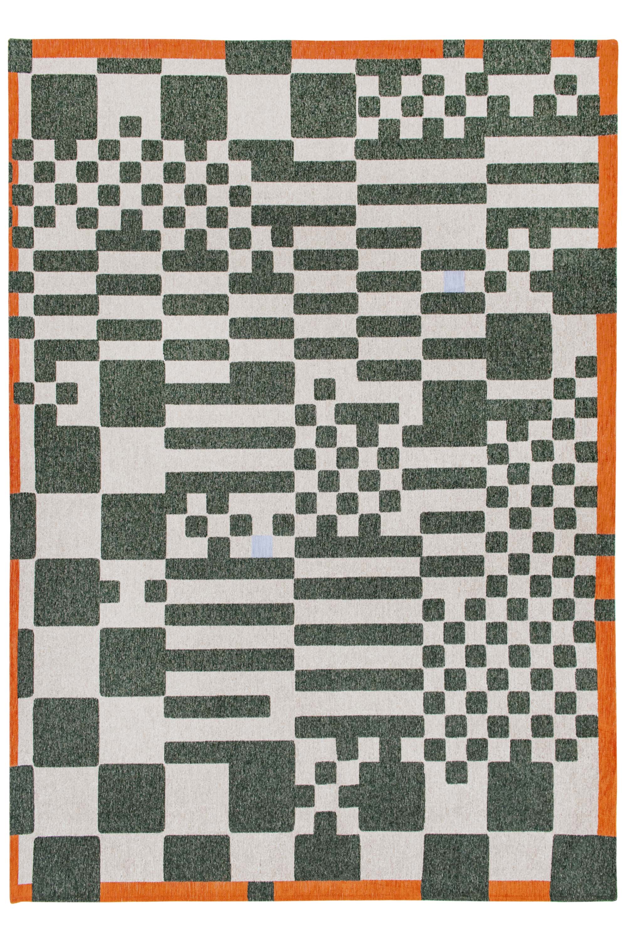 Abstract geometric rug with green, orange, and white tones