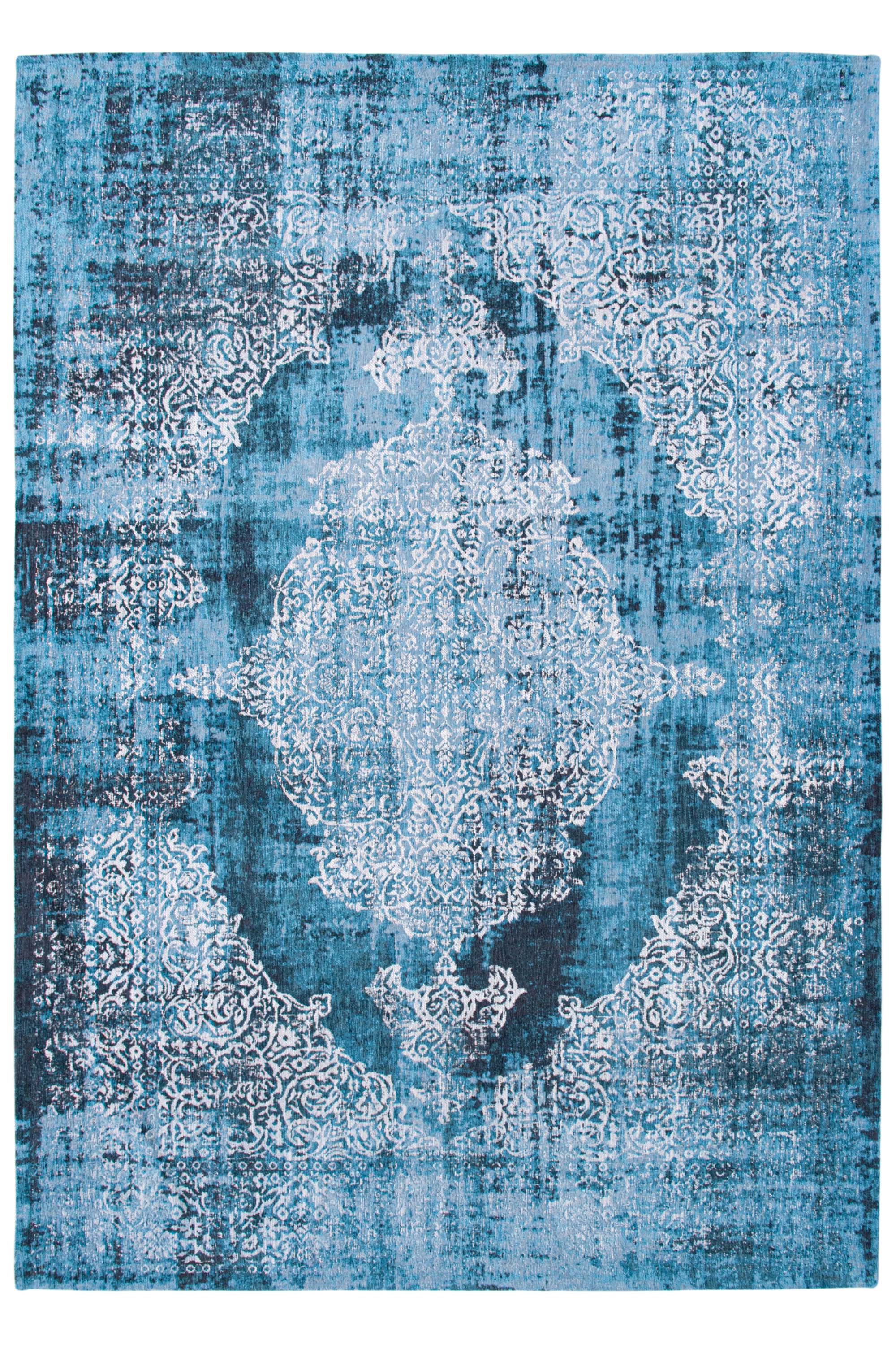 Blue vintage Kirman-inspired rug with faded medallion pattern