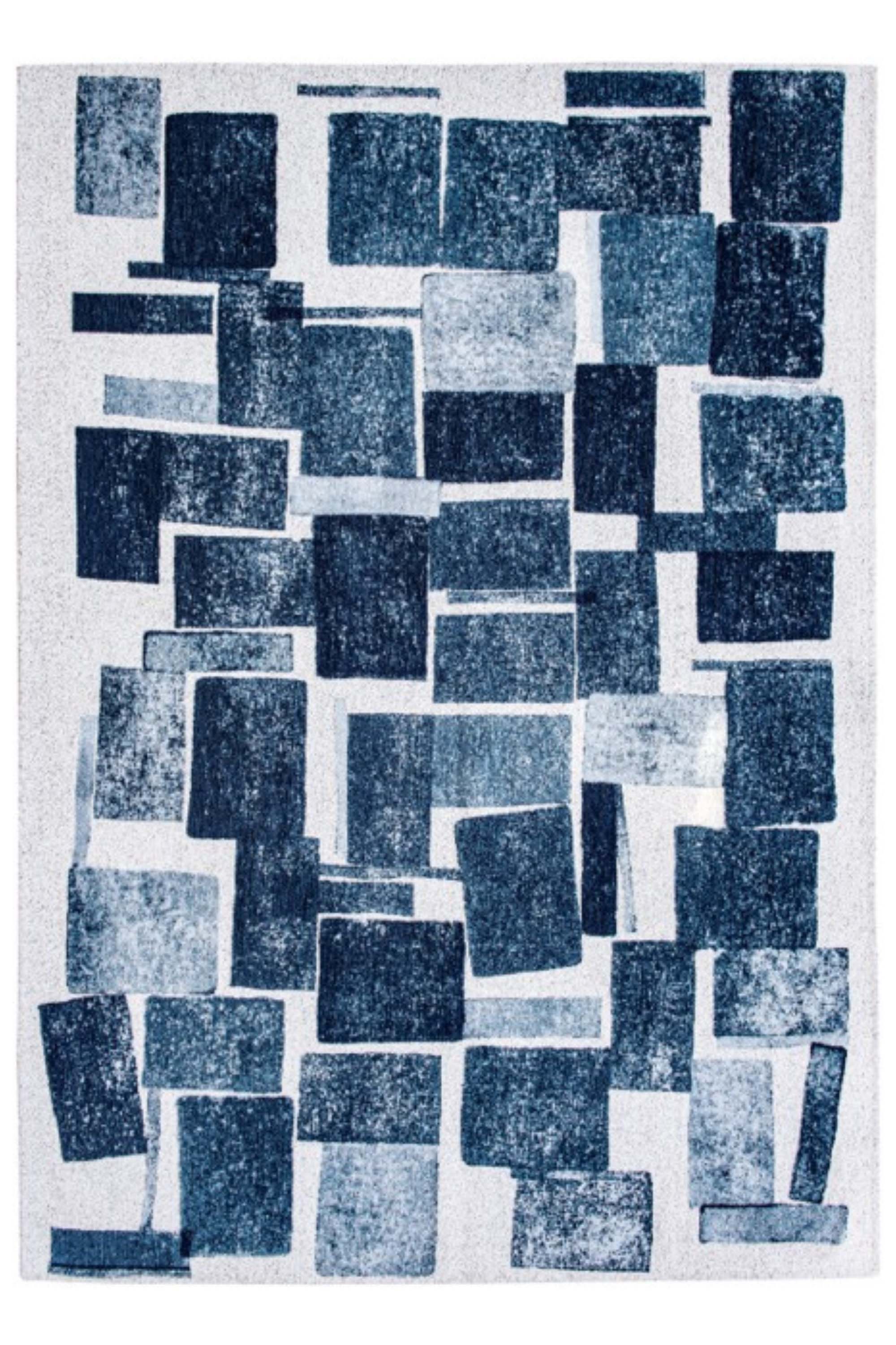 Modern abstract rug with blue stacked pattern