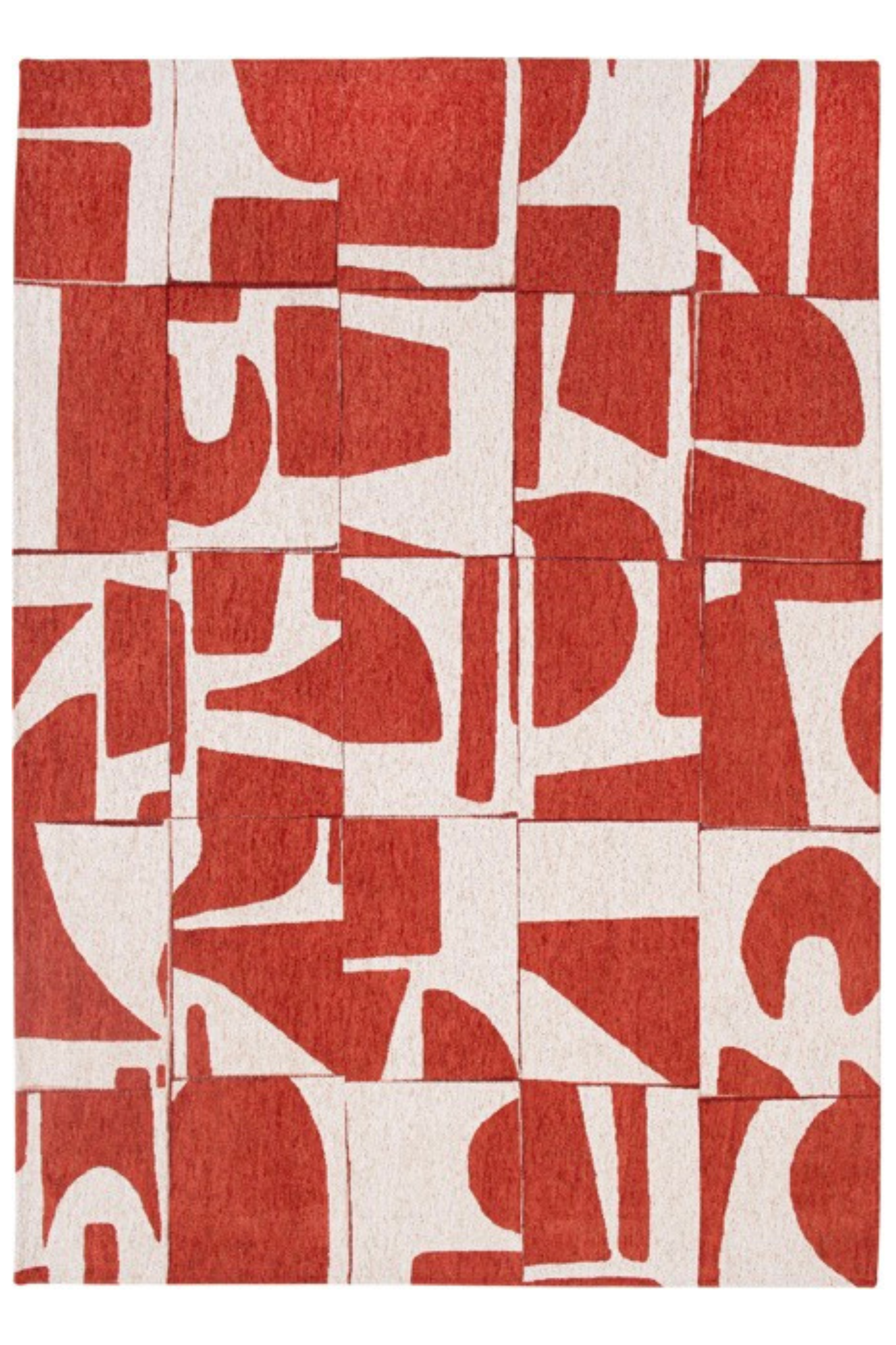 Modern abstract rug with red patchwork pattern