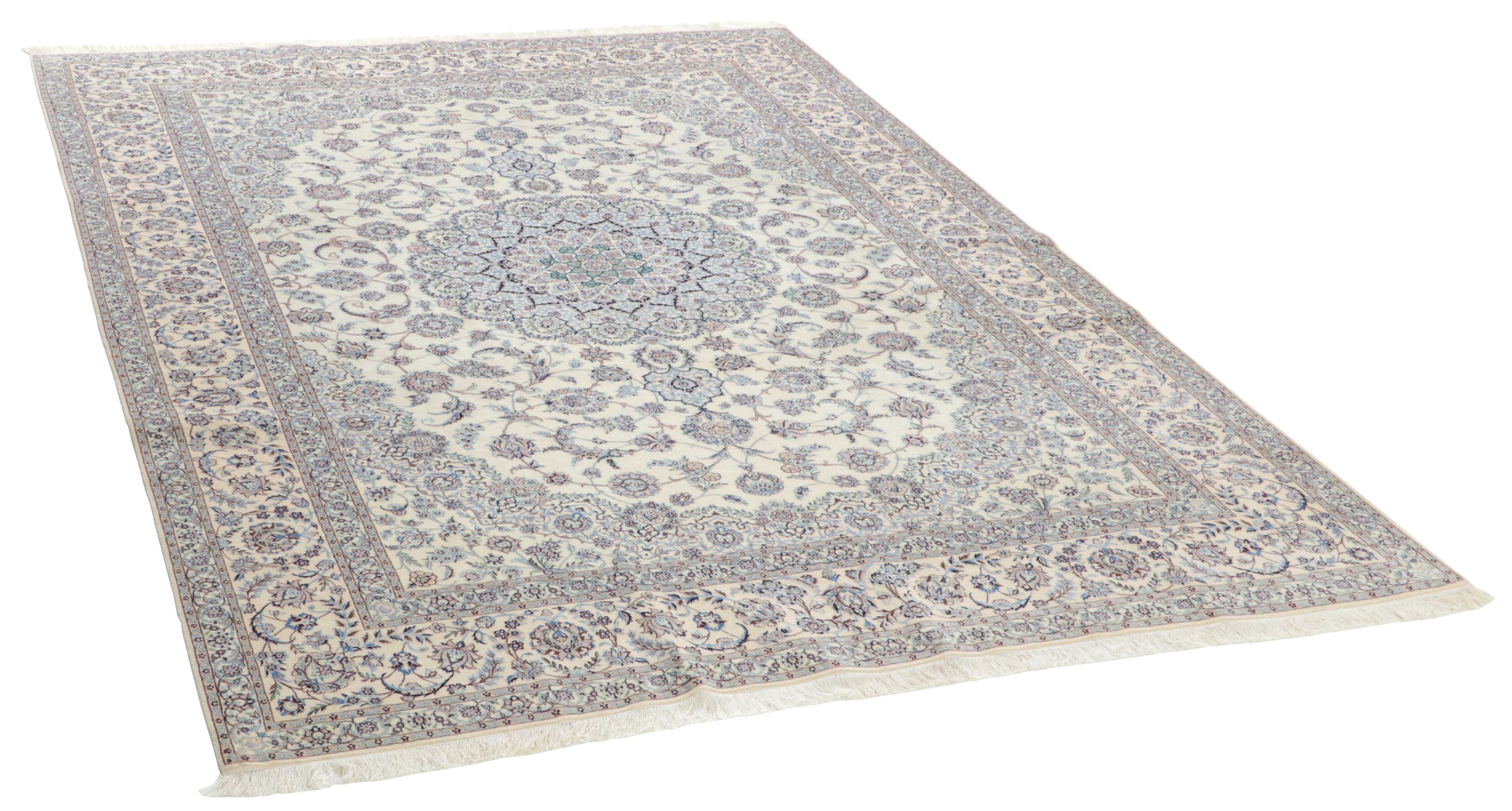 Authentic persian rug with traditional floral design in ivory and black