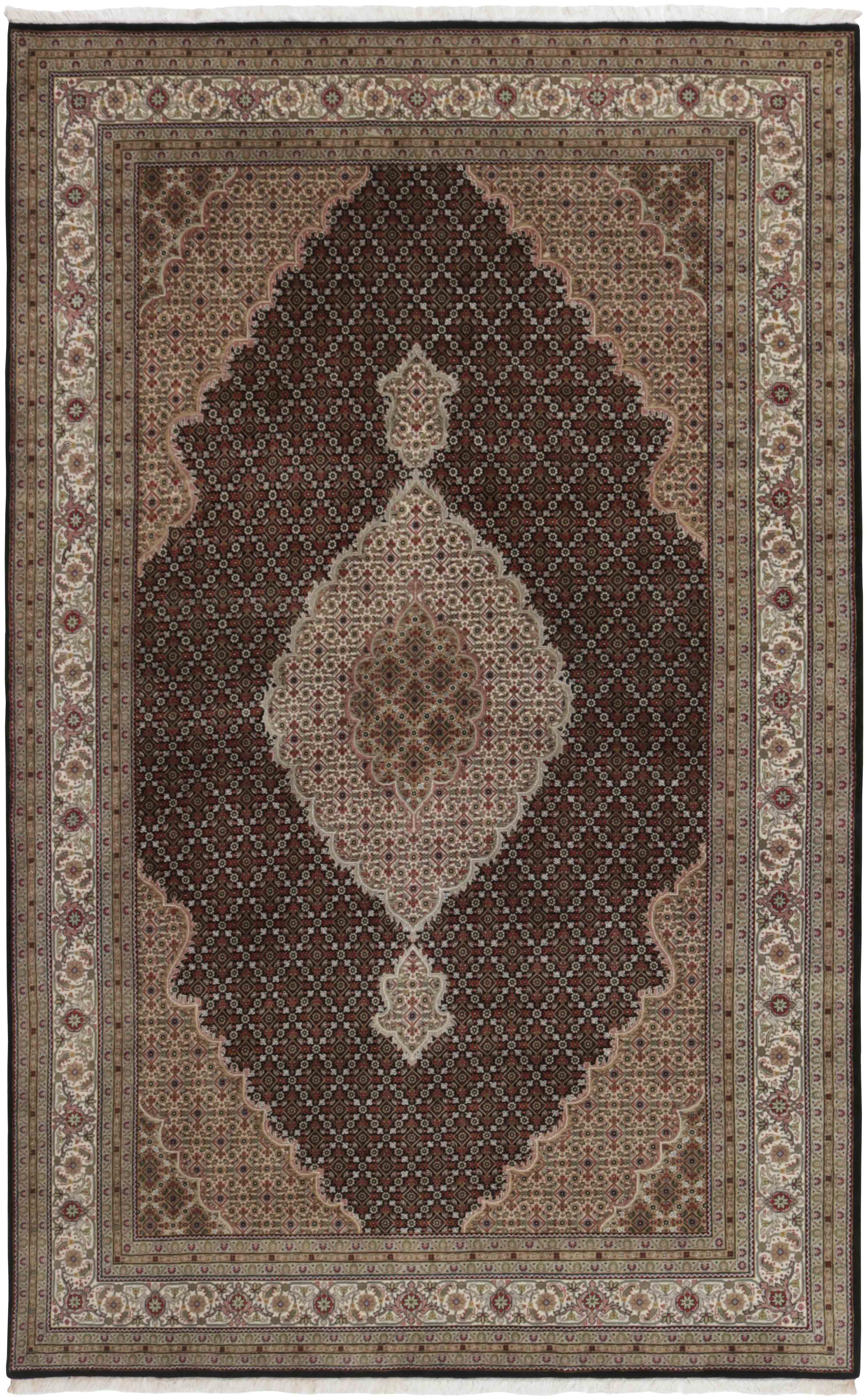Authentic Oriental rug with traditional geometric and floral design in red, grey, black and beige.