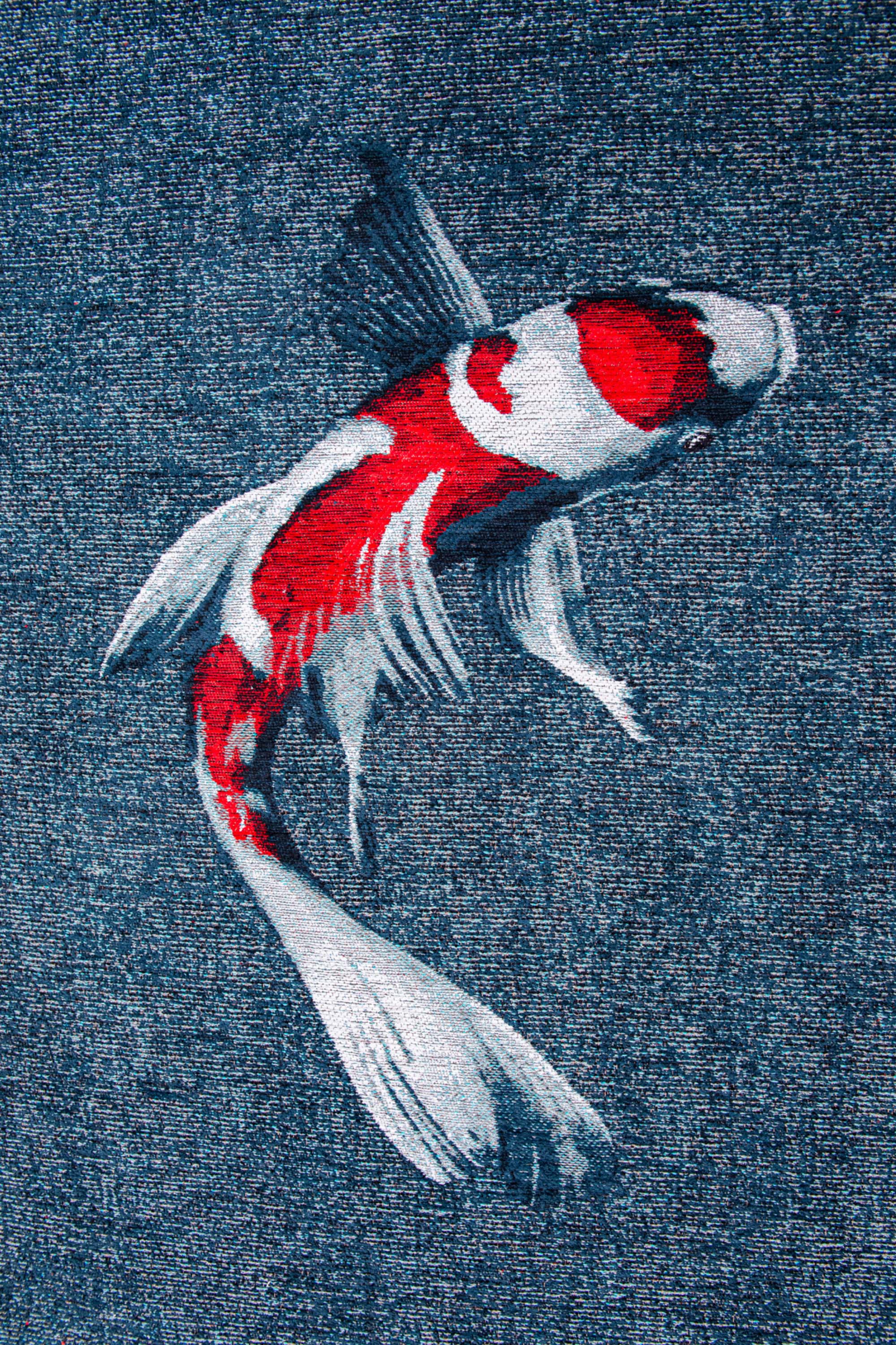 Modern navy circle rug with detailed koi fish print