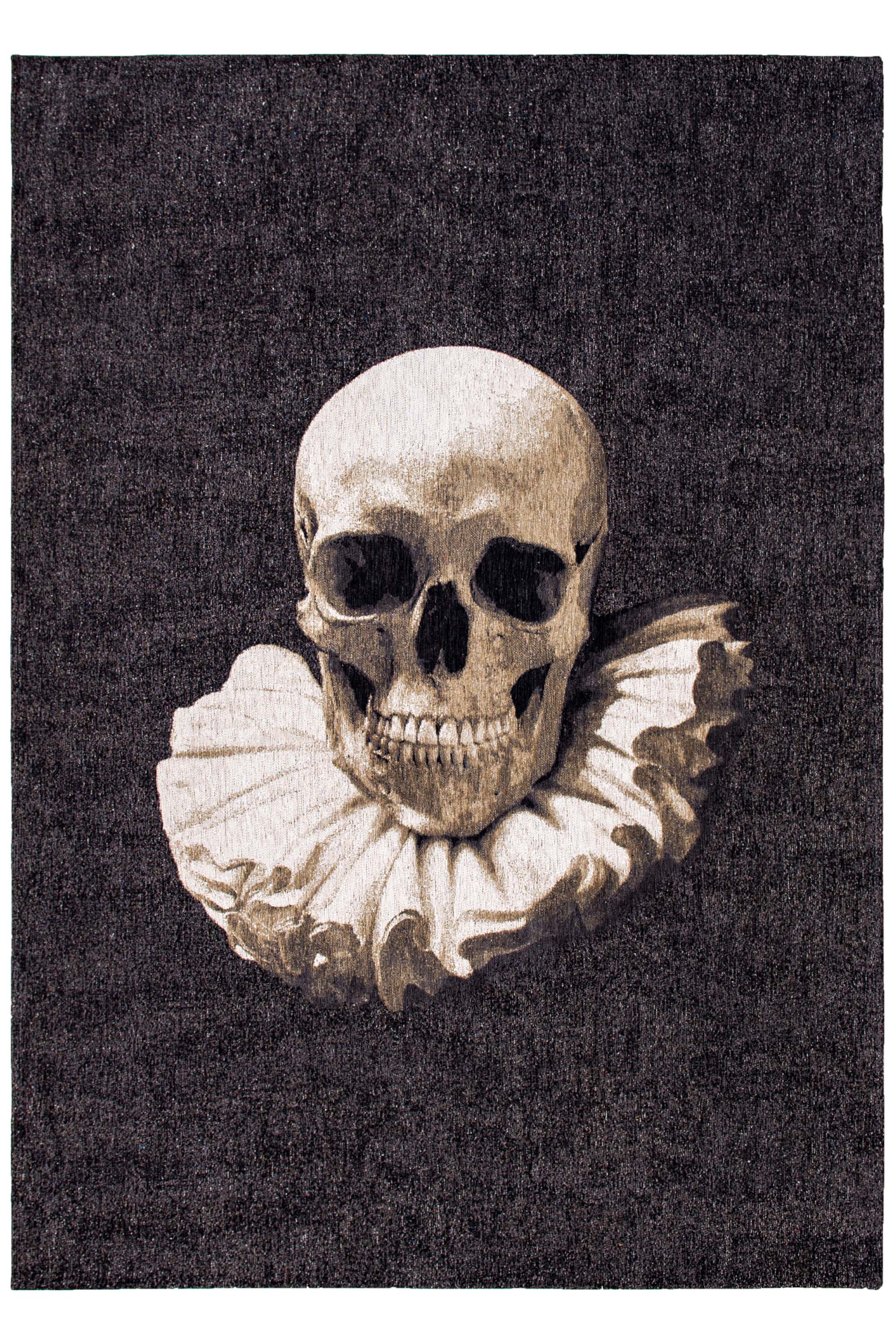 Modern black rug with detailed memento mori print