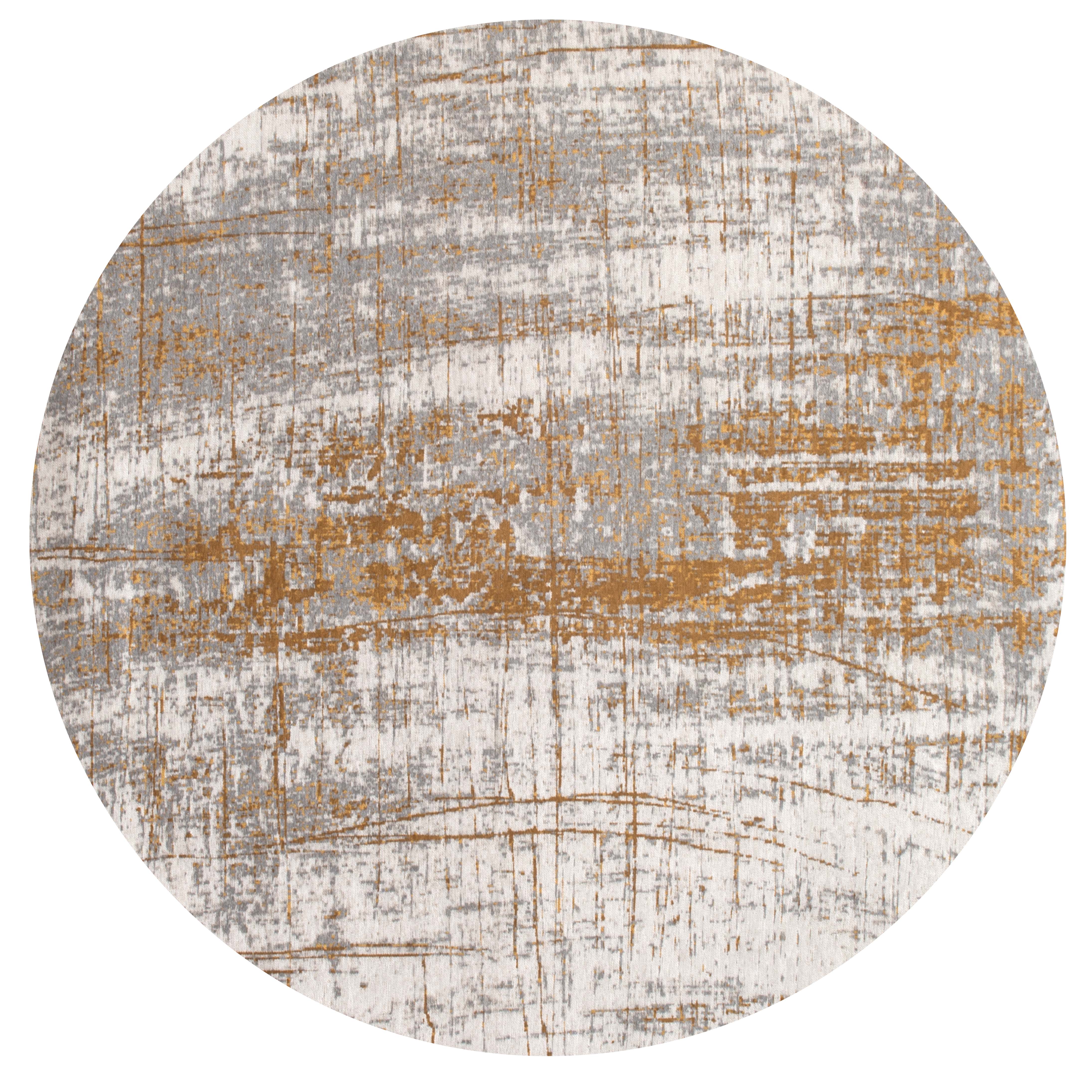White circle flatweave rug with grey and yellow abstract pattern