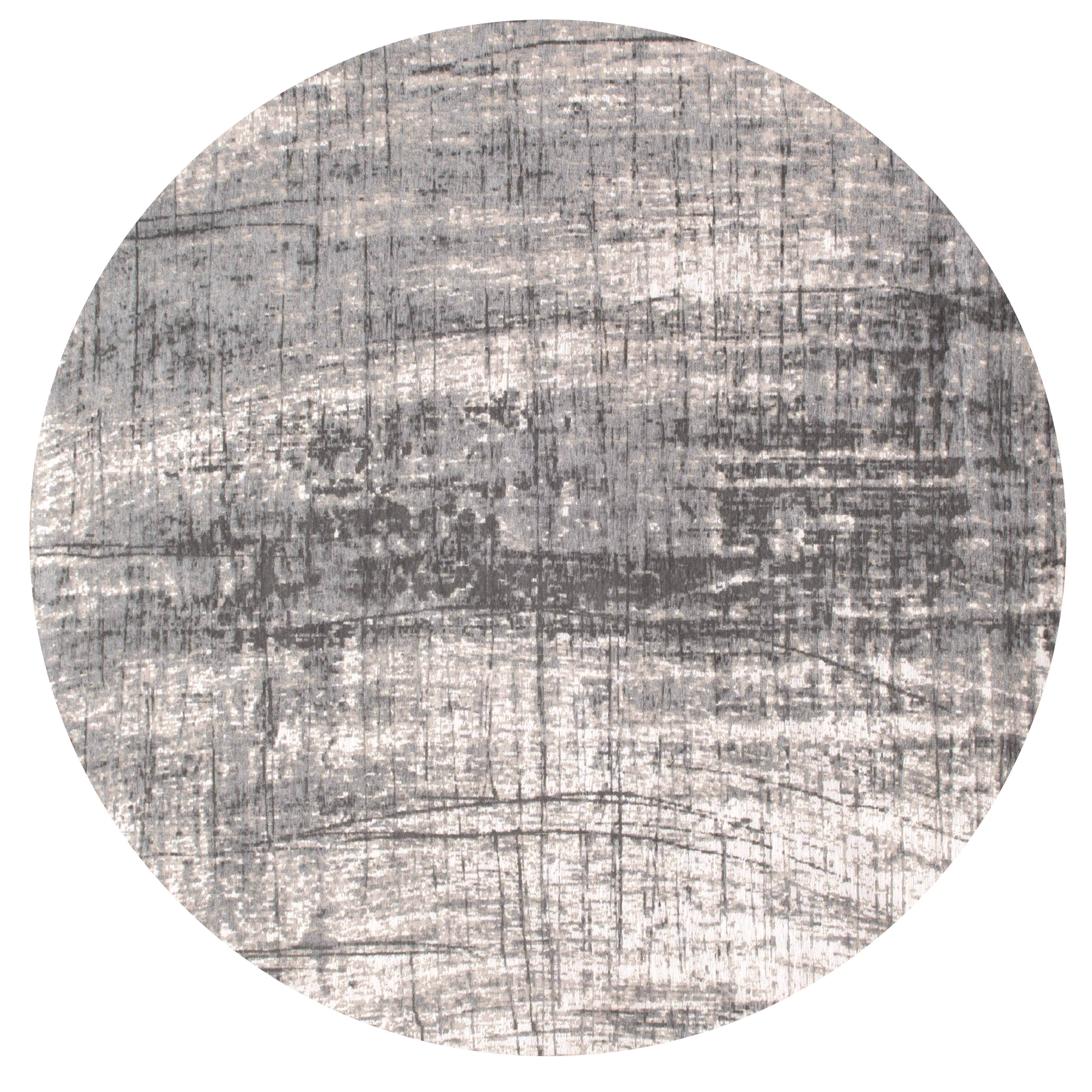 White circle flatweave rug with grey abstract pattern