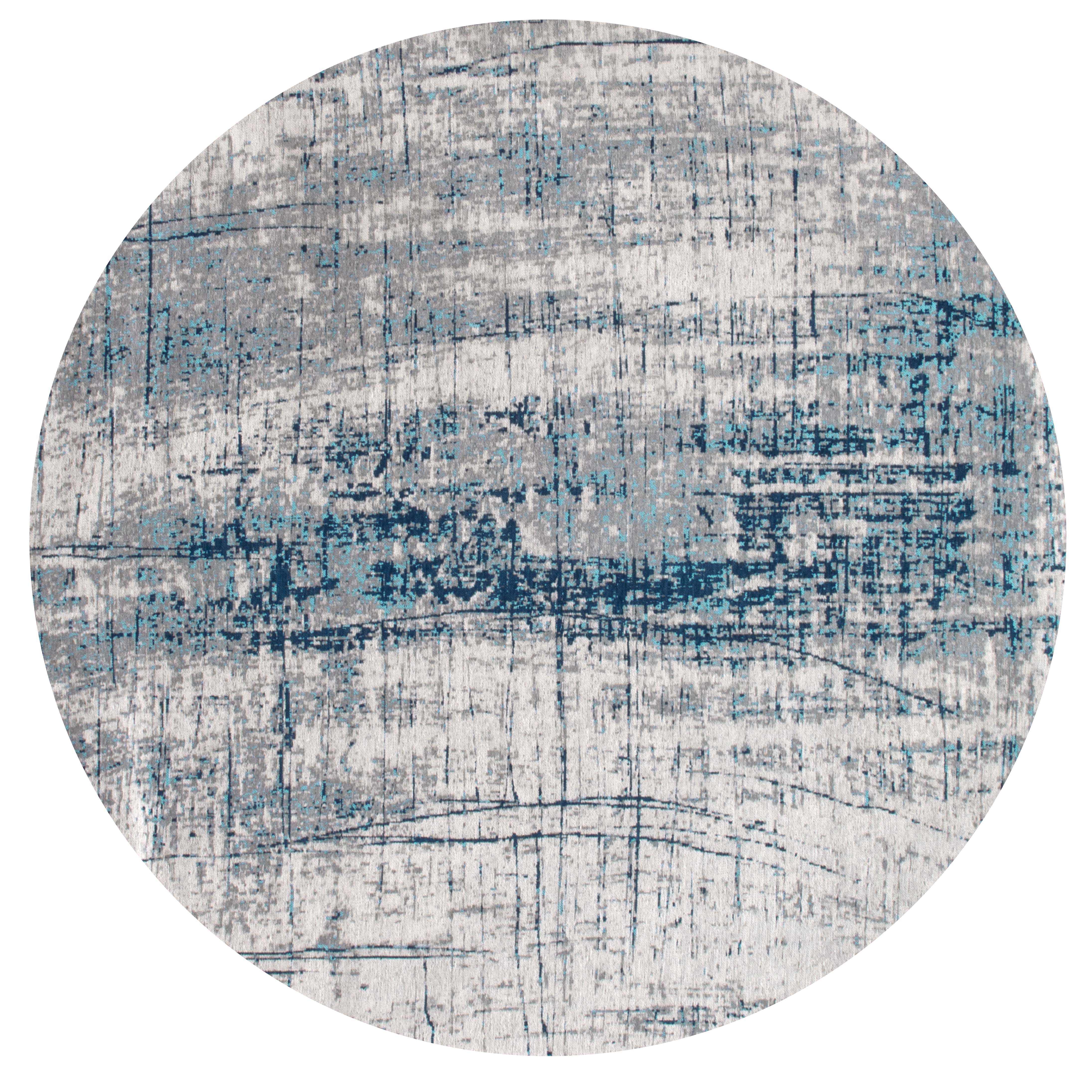 White circle flatweave rug with grey and blue abstract pattern