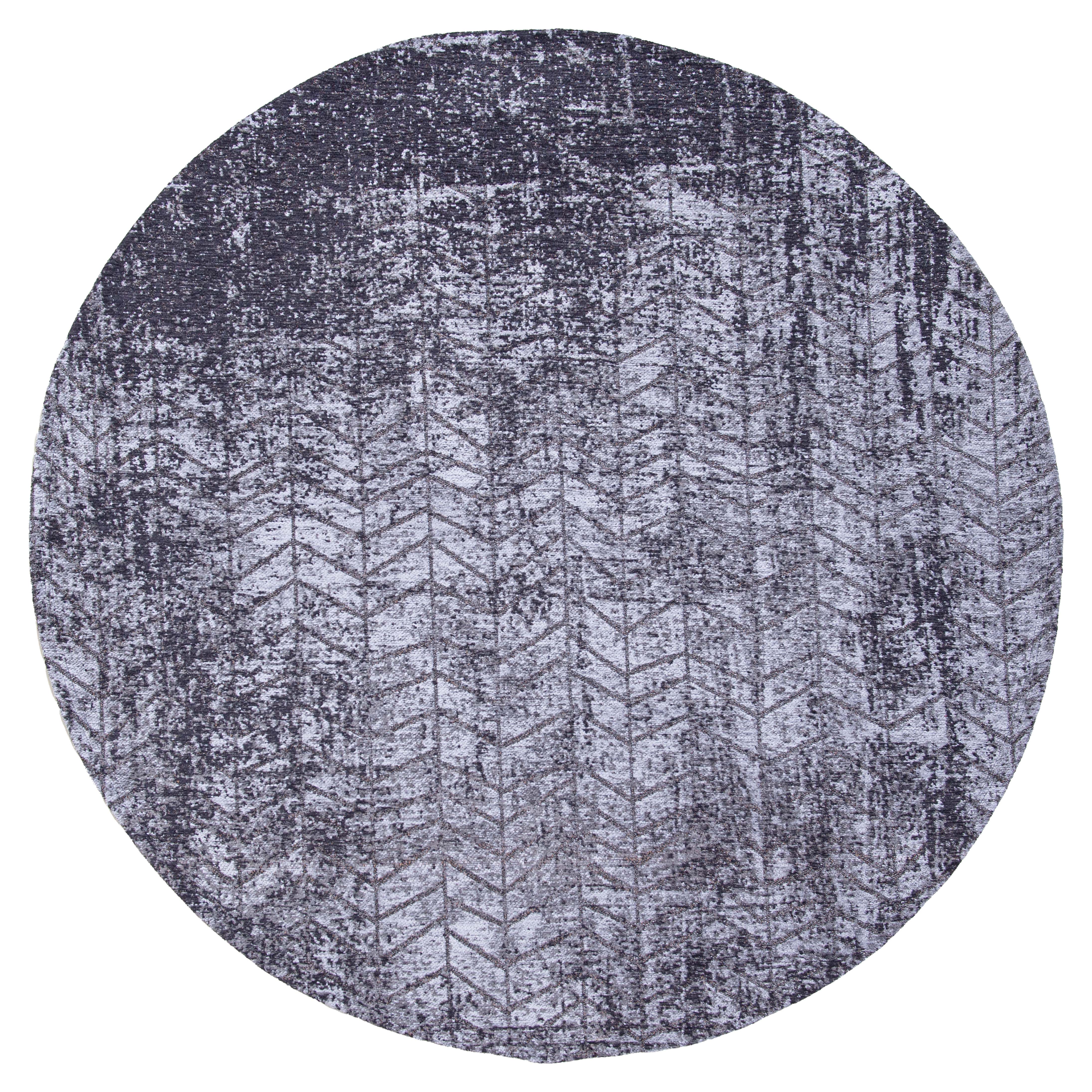 Black circle flatweave rug with faded grey chevron pattern