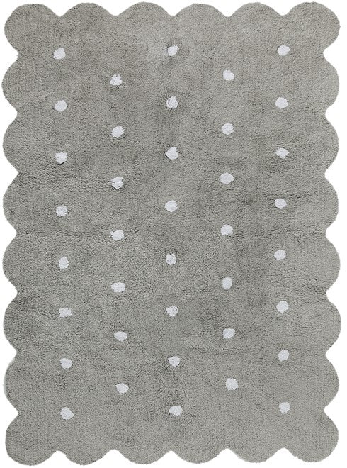 Rectangular grey cotton rug with scalloped border and white polka dot design