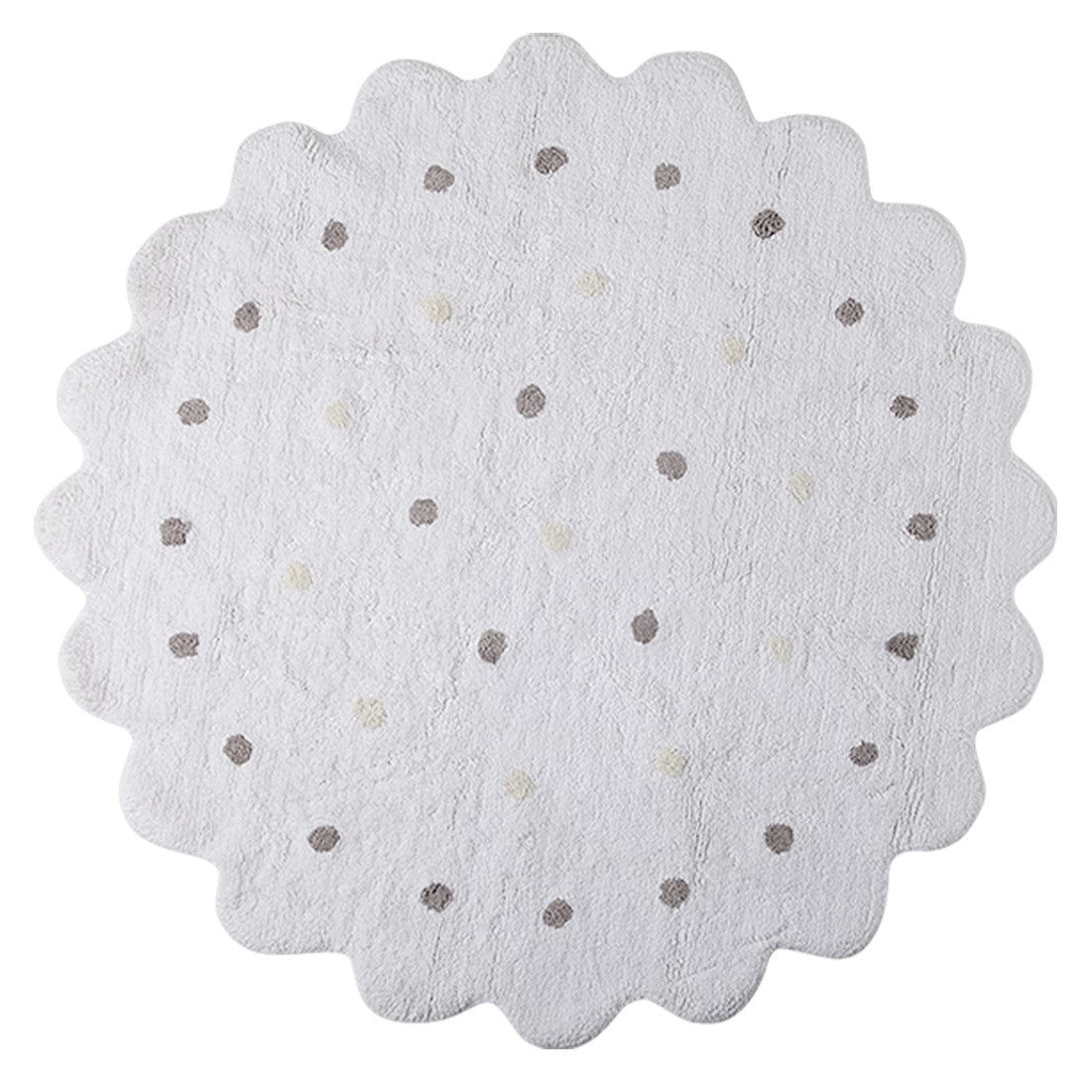 Circular white rug with scalloped edge and grey and white polka dot design