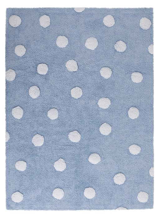 Rectangular blue cotton rug decorated with white polka dots