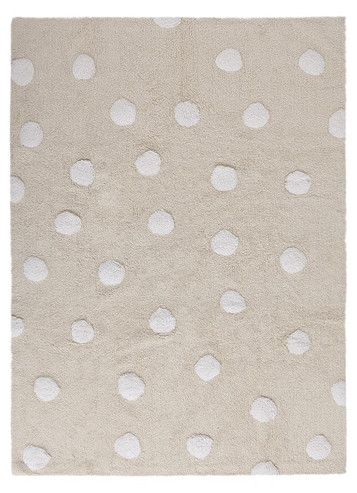 Rectangular beige cotton rug decorated with white polka dots
