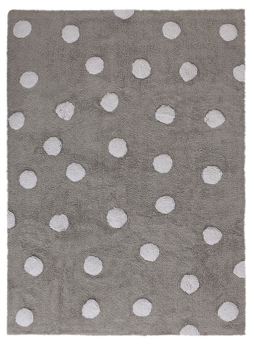 Rectangular grey cotton rug decorated with white polka dots