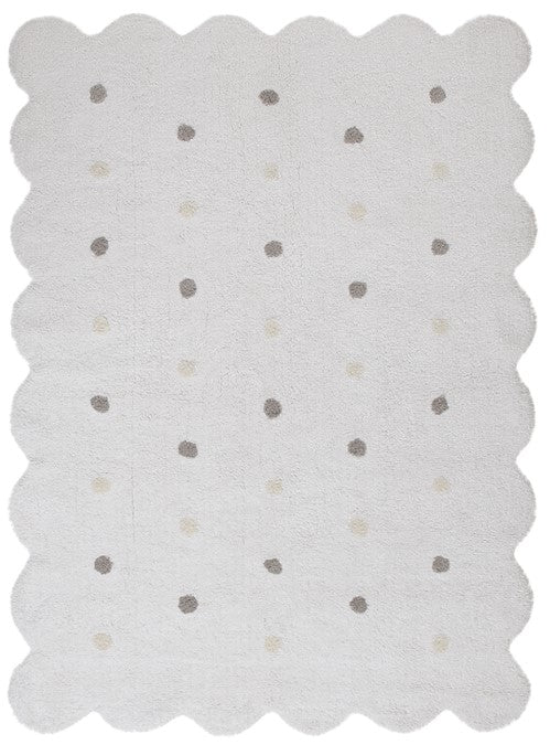 Rectangular white cotton rug with scalloped border and grey and white polka dot design