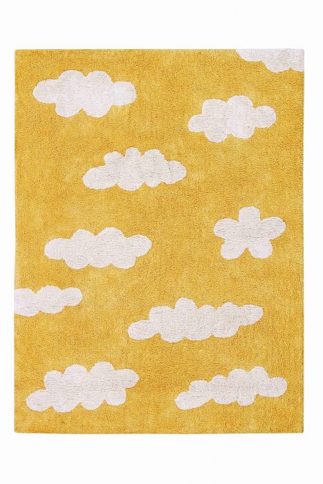 Rectangular yellow cotton rug with white cloud design
