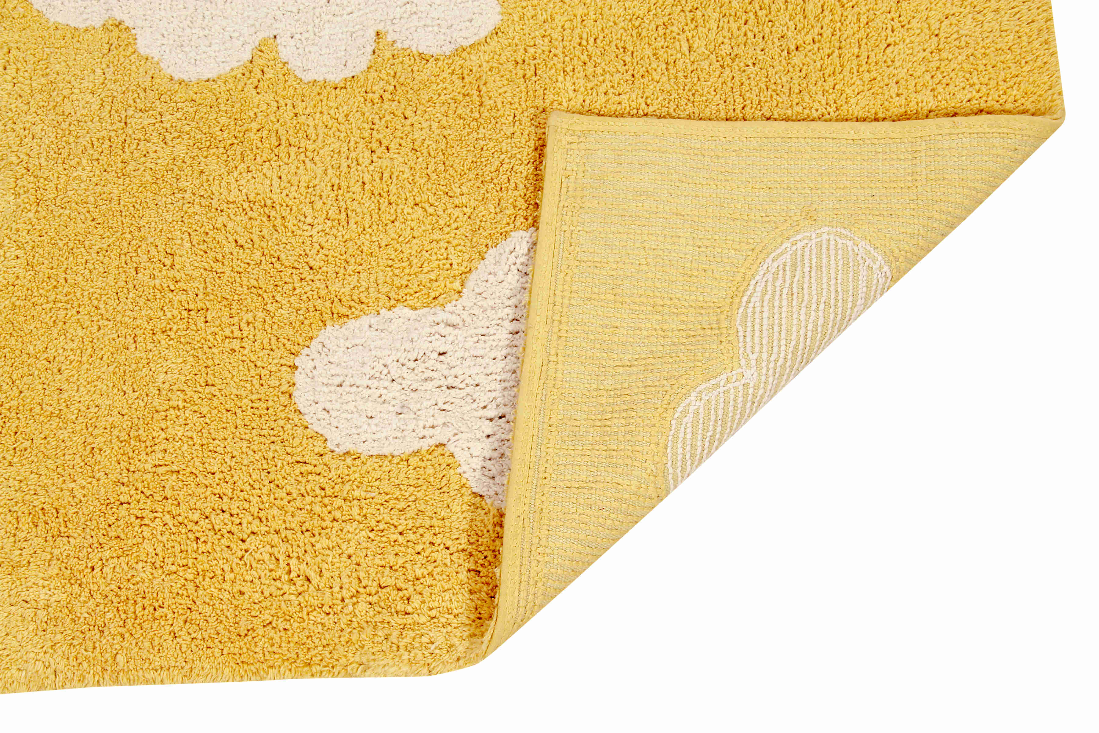 Rectangular yellow cotton rug with white cloud design