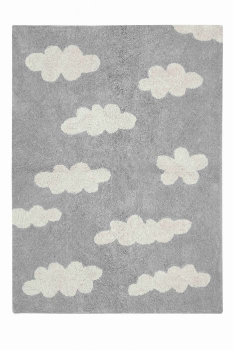 Rectangular grey cotton rug with white cloud design