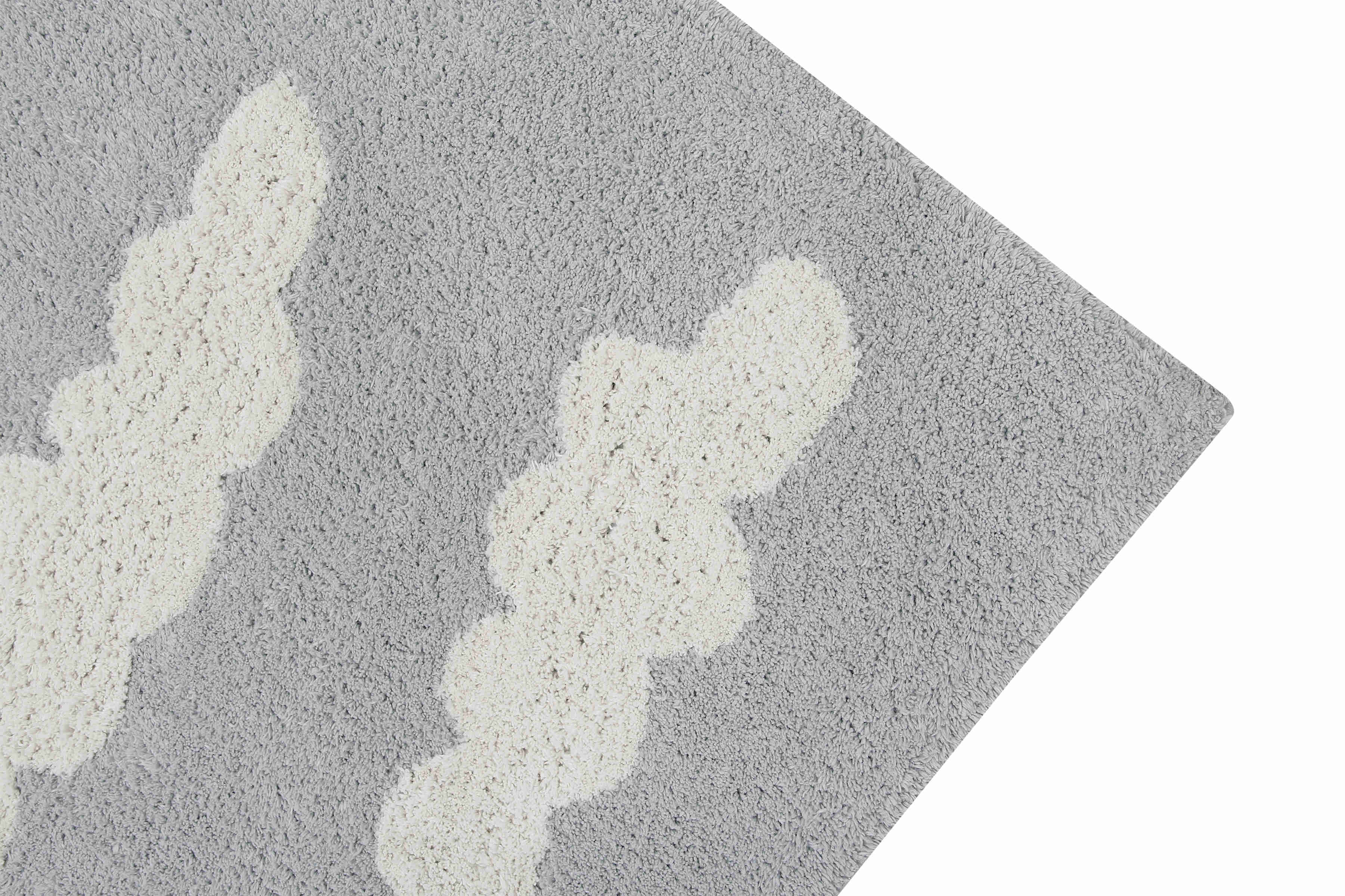 Rectangular grey cotton rug with white cloud design