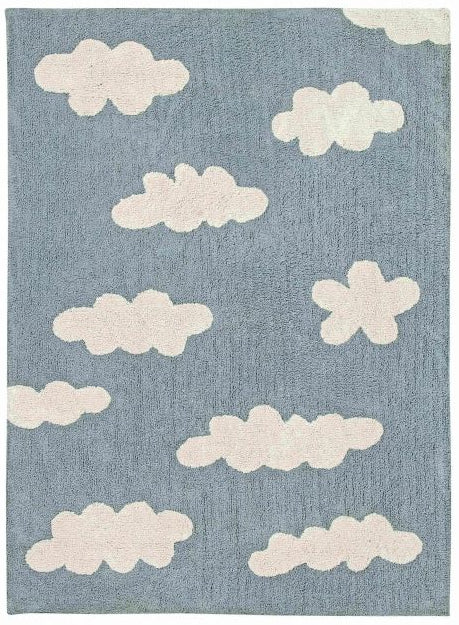 Rectangular blue cotton rug with white cloud design