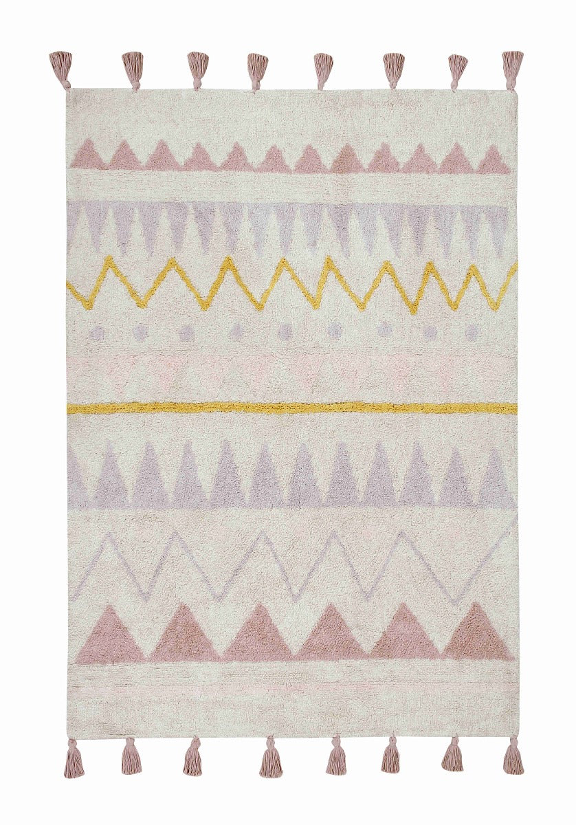Rectangular natural beige rug with pink, yellow and grey aztec pattern and pink tassel border