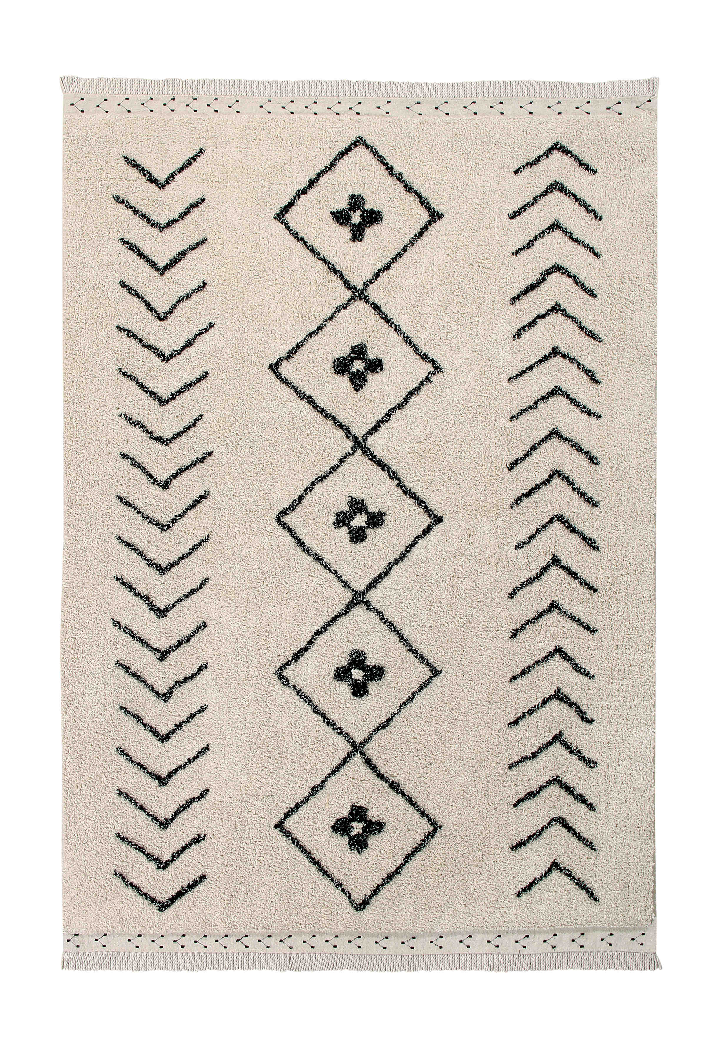 Rectangular beige cotton rug decorated with a black moroccan tribal designs