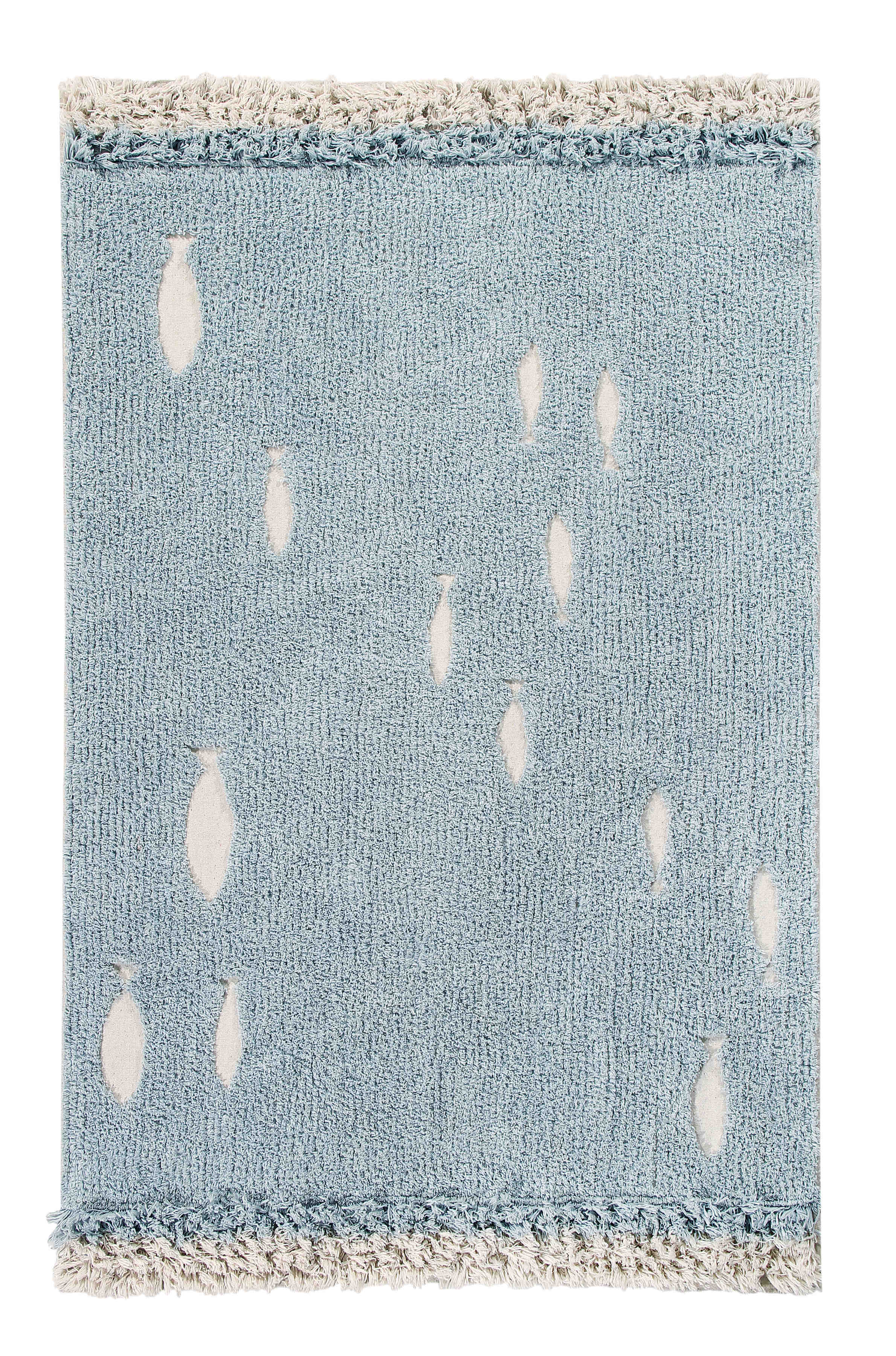Rectangular blue cotton rug decorated with white fish and blue and beige fringe