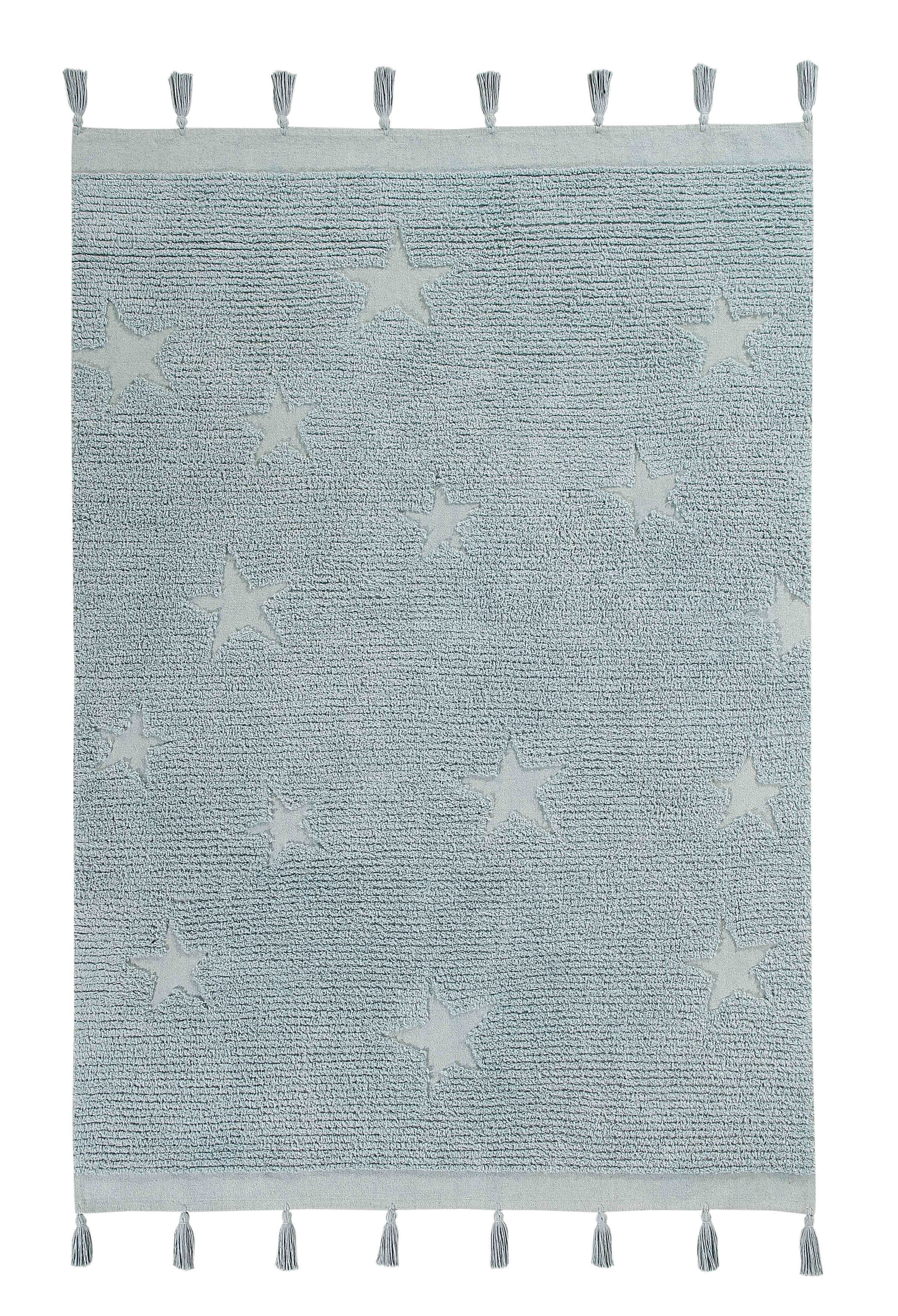 Rectangular aqua blue cotton rug decorated with exposed stars and a tassel border.